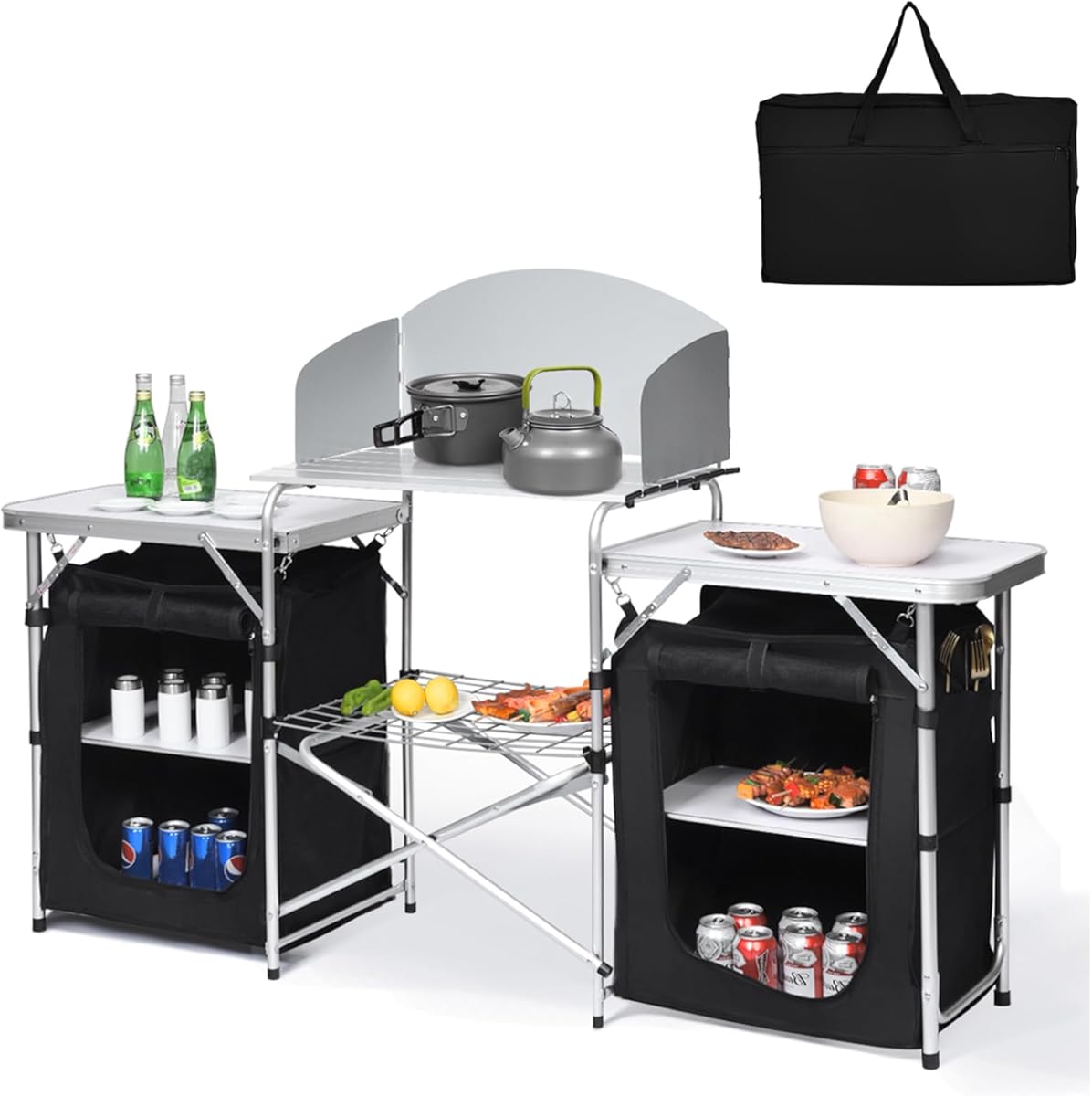 KOTEK Camping Kitchen Table, Folding Camp Kitchen Table with Detachable Windscreen, Grid Shelf, Storage Cupboards & Carry Bag, Outdoor Cooking Station for Backyard BBQ, Picnic, Party (Black)