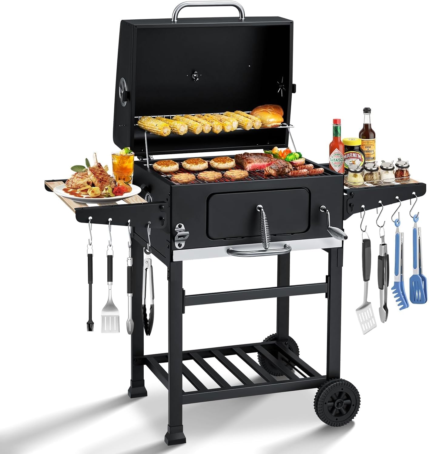 MELLCOM Small Charcoal Grill with Wood Foldable Side Table - 338 Sq.In BBQ Area with Individual Lifting Charcoal Trays & Thermometer, Movable Charcoal Barbeque Grill for Patio, Garden and Backyard