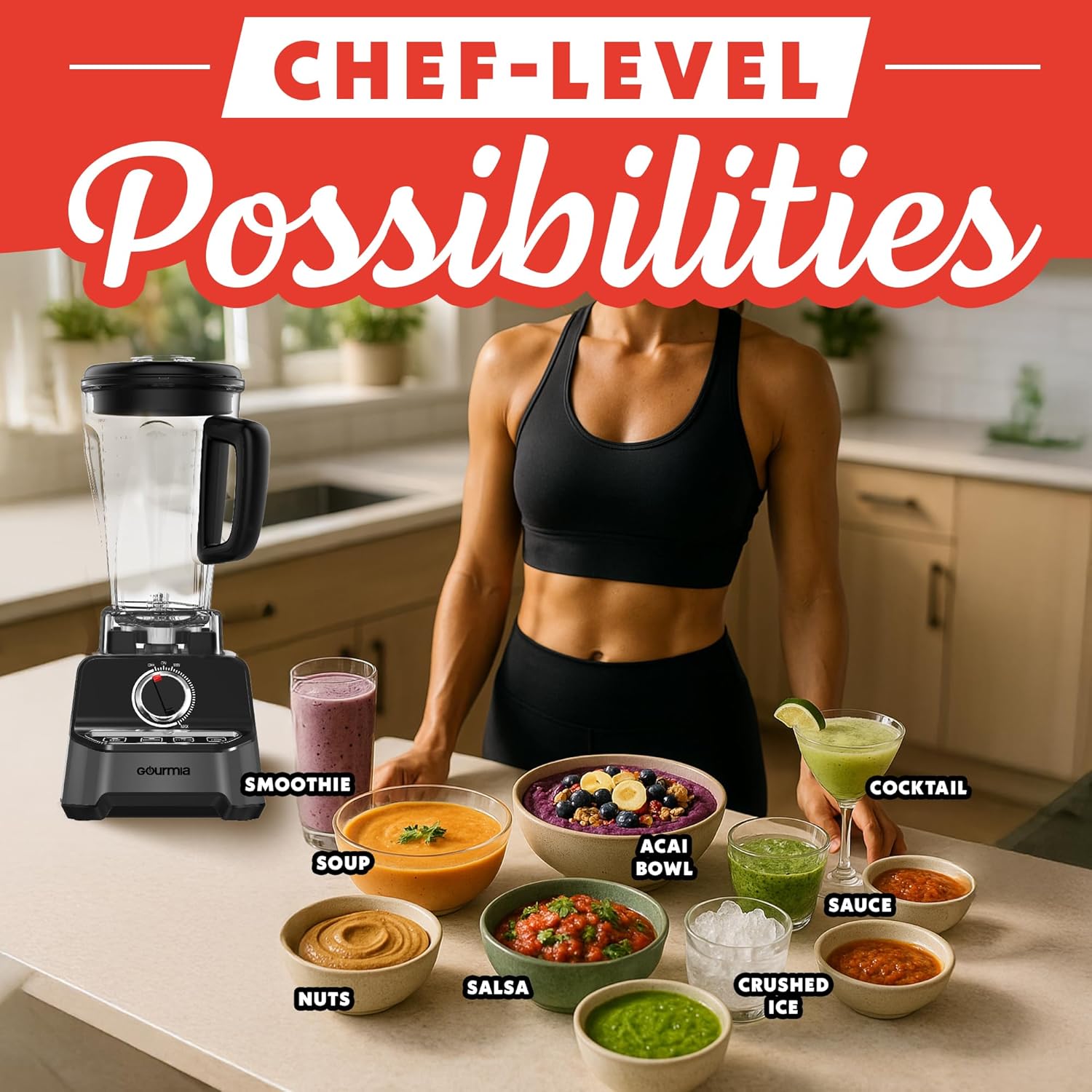 Gourmia Countertop Commercial Blender – 2L BPA-Free Pitcher, 4 Presets, 1500W High-Speed Motor, 45,000 RPM, Variable Speed Dial, Built-In Tamper, Dishwasher-Safe Parts, Black