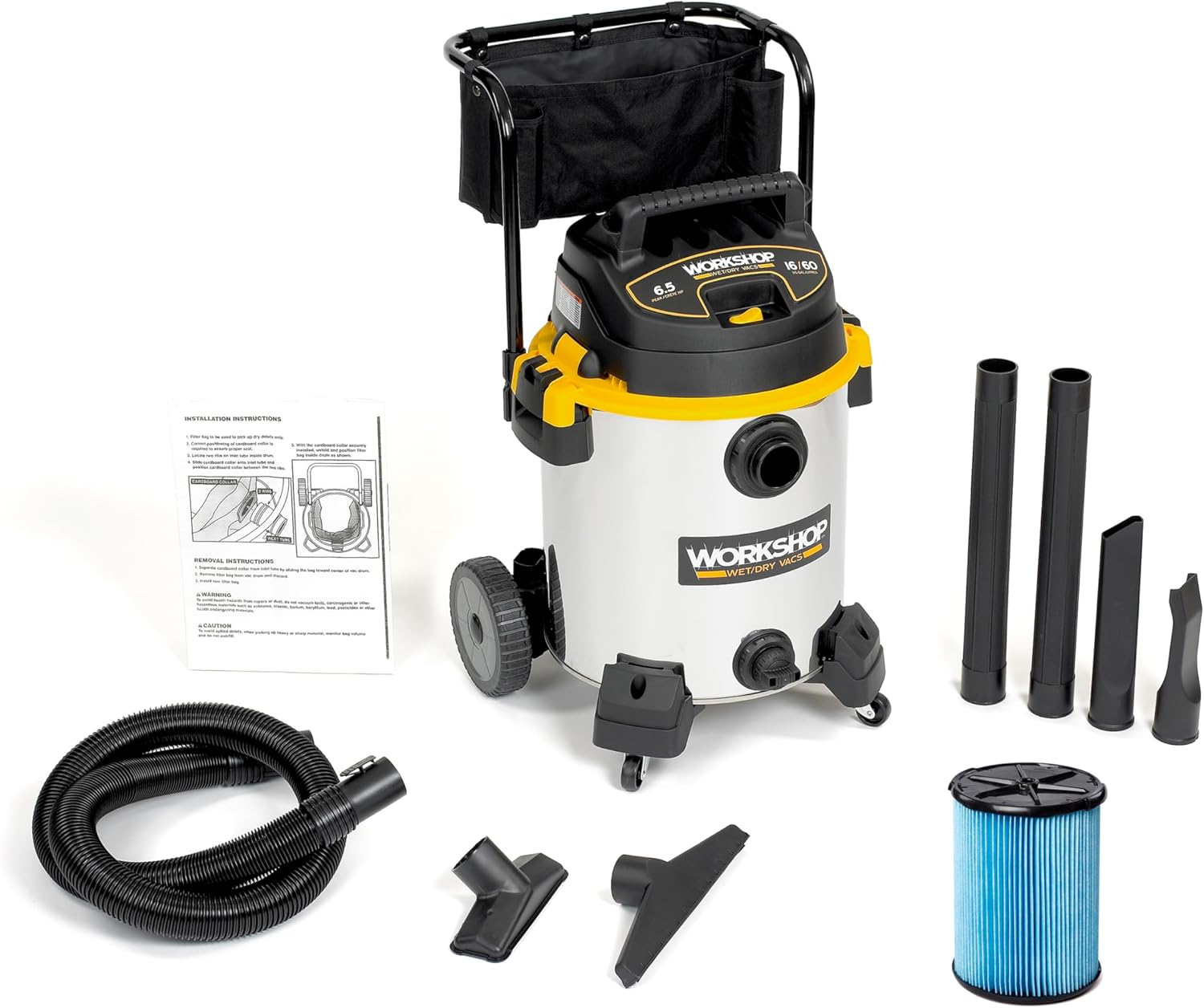 WORKSHOP Wet/Dry Vacs Shop Vacuum WS1600SS 16-Gallon 6.5 Peak HP Stainless Steel Wet Dry Vacuum Cleaner with Filter, Dust Bag, Hose, Attachments and Cart for Heavy Duty Professional Cleaning