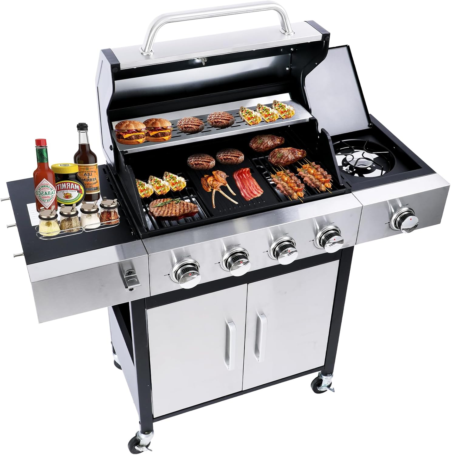 CIG GARDEN 4 Burner Propane Gas Grill with Side Burner, 52,000 BTU BBQ Grill with Cast Iron Grates and Double-layer Stainless Steel Lid, Outdoor Barbecue Grill Perfect for Balcony, Backyard, Camping