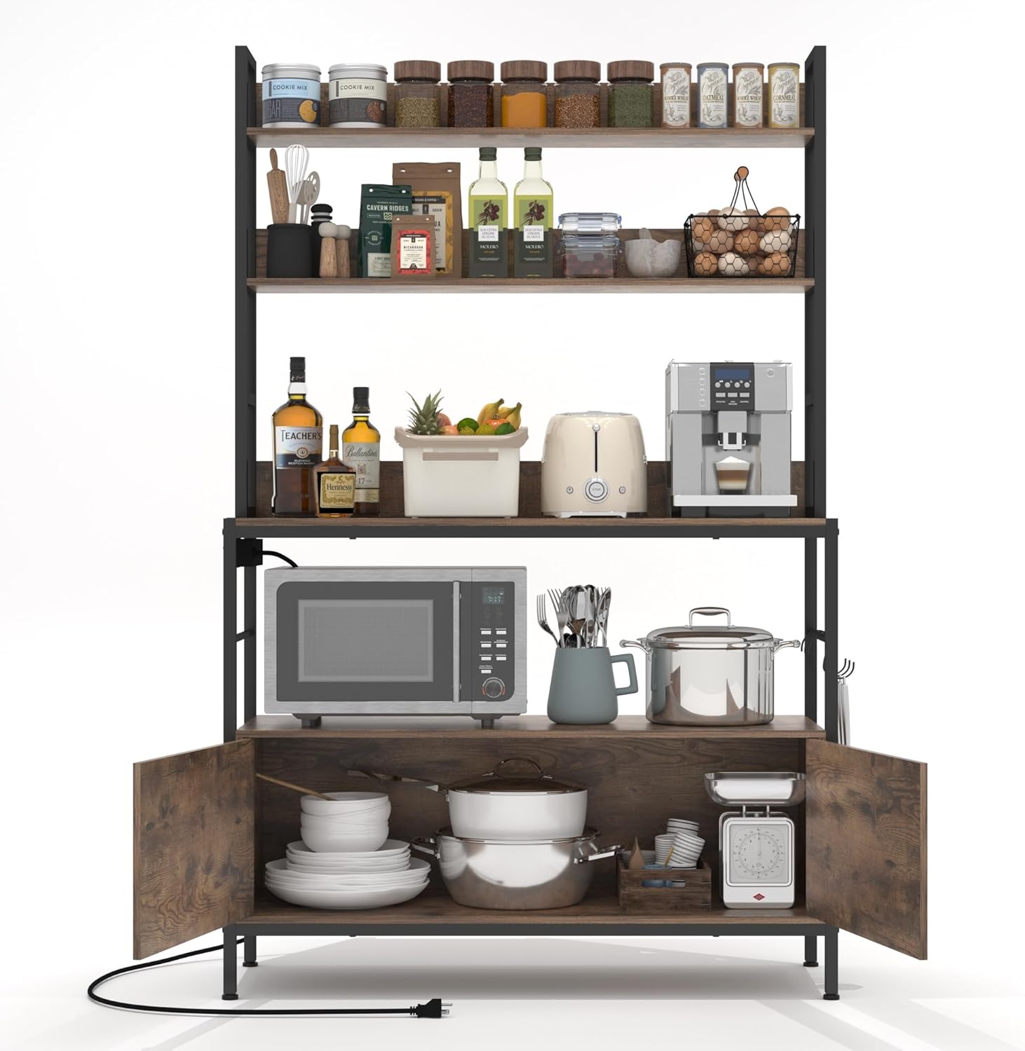 5-Tier Kitchen Baker’s Rack with Power Outlet,Large Bakers Rack with Storage Cabinet, Heavy Duty Oven Stand Microwave ,Free Standing Kitchen Utility Shelf with Storage,Shelf Organizer with Hooks