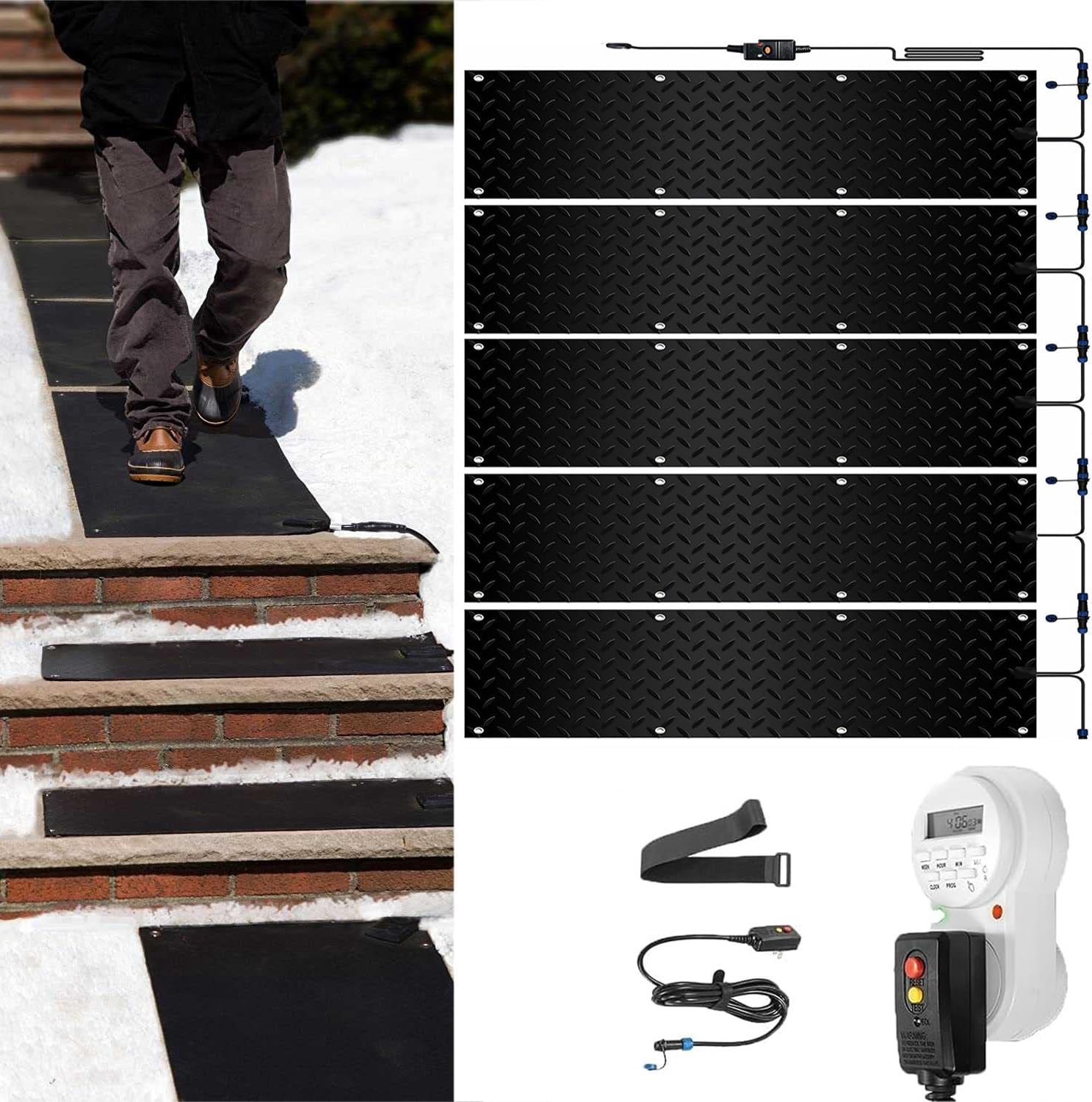 Snow melt mat for Heated Stairs, Outdoor Heated Snow melt mat with Timer, 1/2/4/5pcs for Driveway Walkway Deck and Walkway Connection Power Cord for Winter Stairs(5Pcs,10x48in/(25.4x120cm))