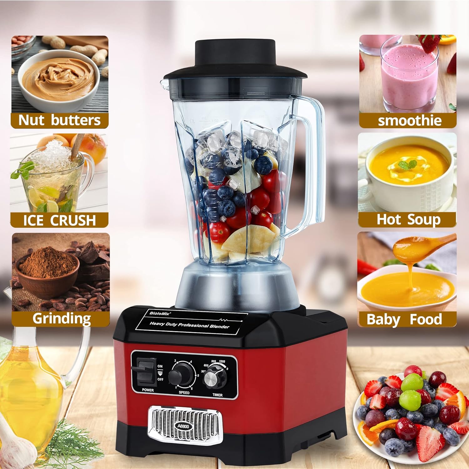 BioloMix Heavy Duty Commercial Blender, 2200W 60Oz Professional Kitchen Blender Smoothies, Shakes, Ice and Frozen Fruit, Optional Dry Grains Container