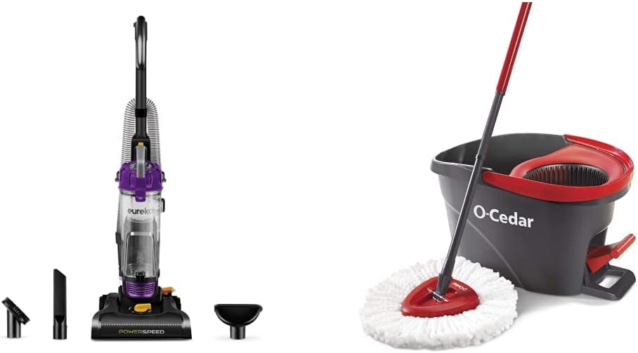 EUREKA NEU182B PowerSpeed Bagless Upright Vacuum Cleaner, Lite, Purple and O-Cedar EasyWring Microfiber Spin Mop, Bucket Floor Cleaning System, Red, Gray