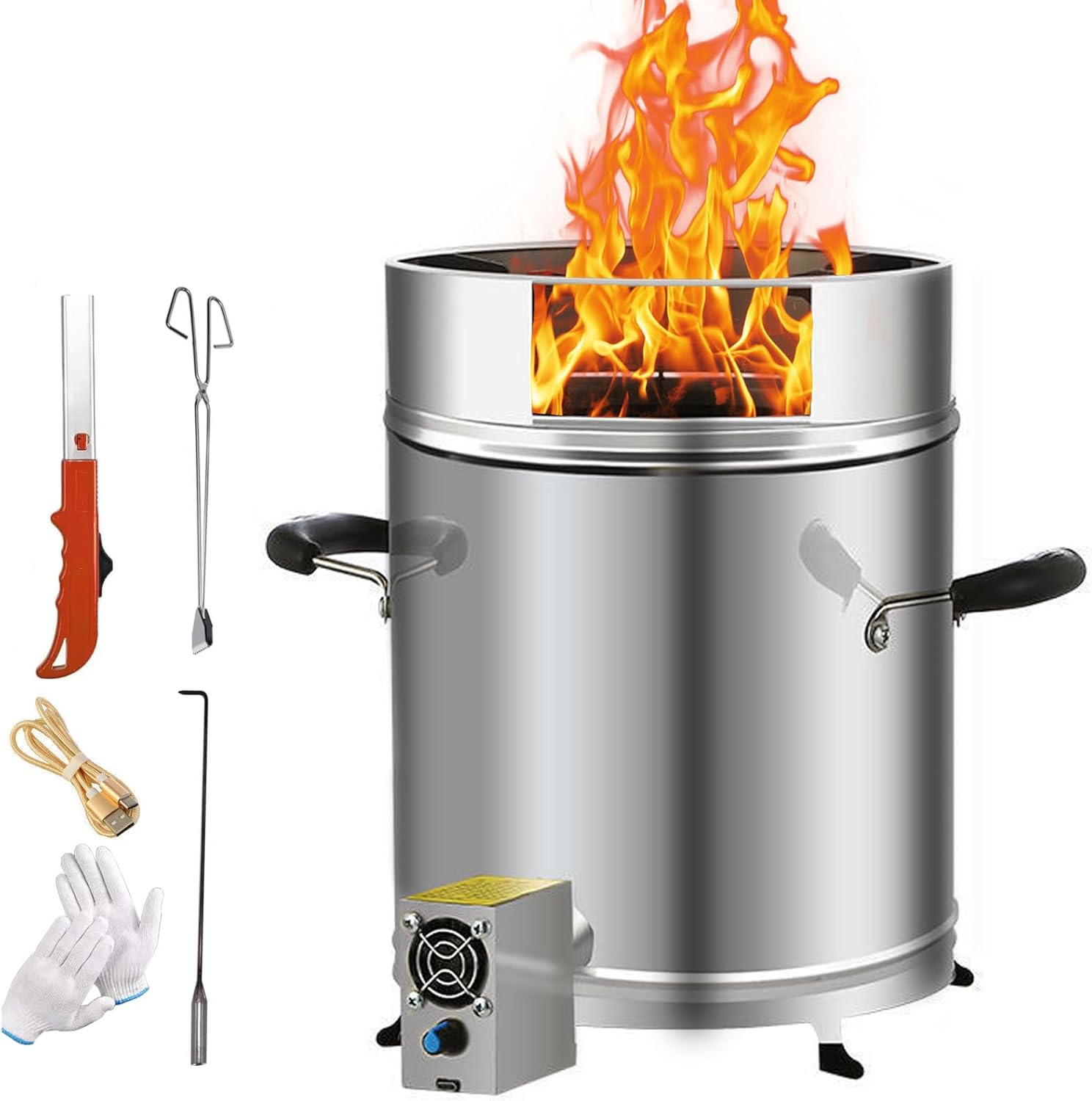 Portable Fire Pit for Camping Smokeless Firepit Outdoor Wood Burning Fire Pit with Wind Guard Blower und Ash Outlet Stainless Steel Wood Stove for Outside Patio Bonfire