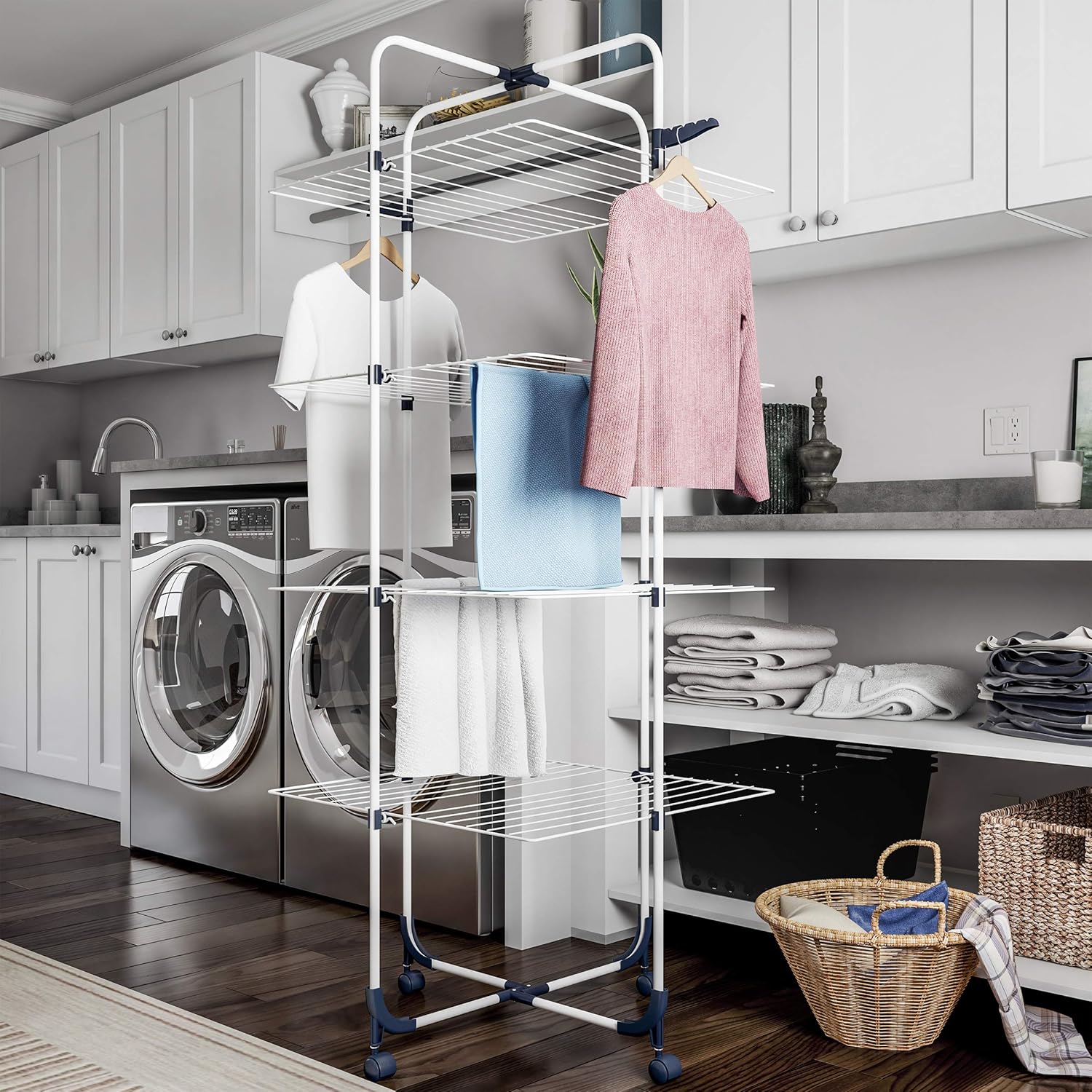 Lavish Home Clothes Drying Rack – 4-Tiered Laundry Station with Collapsible Shelves and Wheels for Folding, Sorting and Air Drying Garments