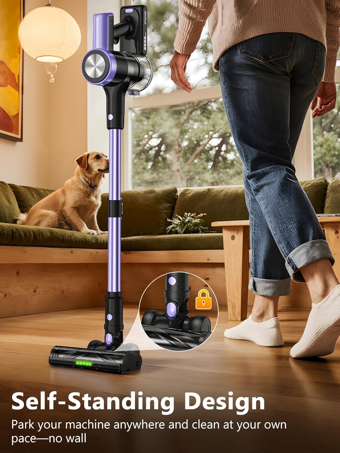 Cordless Vacuum Cleaner, 46KPa/500W Stick Vacuum with 55 Mins Runtime, Self-Standing Vacuum Cleaner for Home, LED Display, Anti-Tangle Brush, Rechargeable Vacuum for Pet Hair