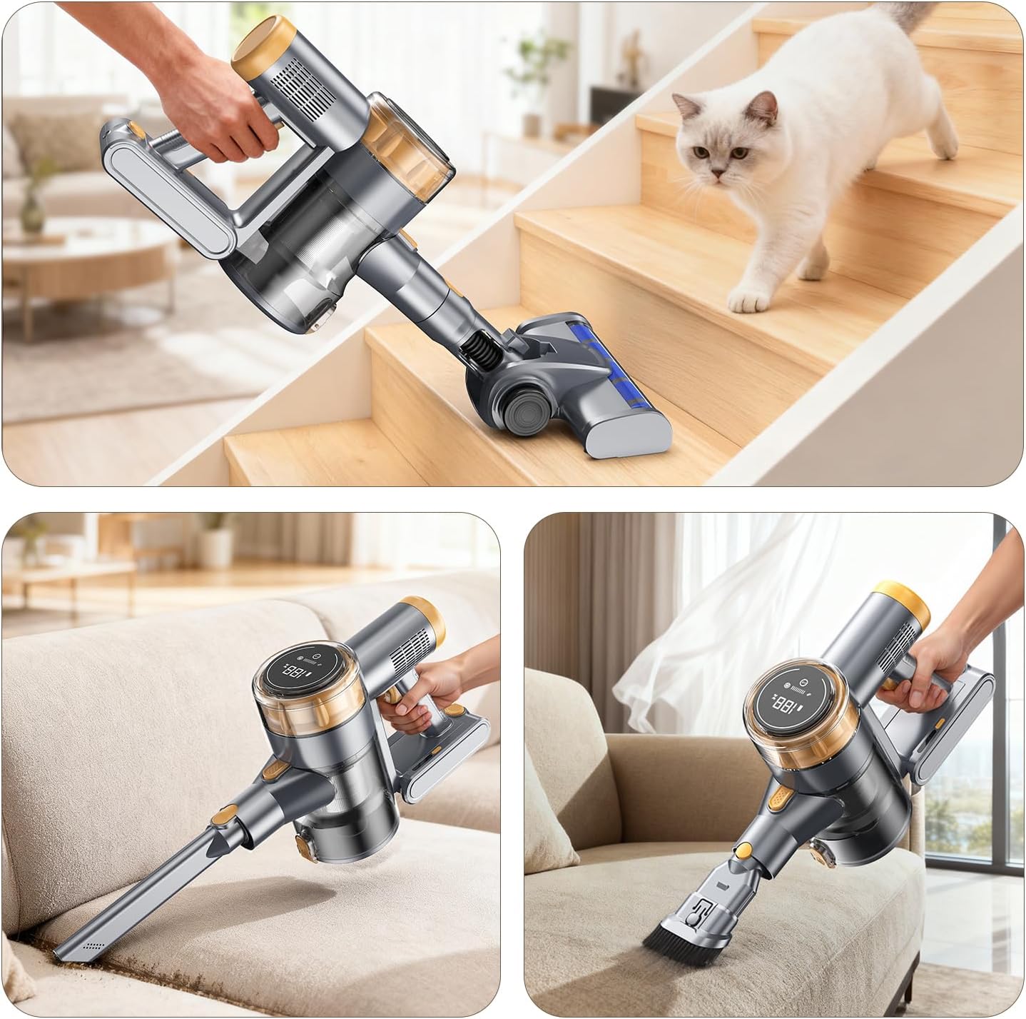 Cordless Vacuum Cleaner, 30Kpa Vacuum Cleaners for Home, Stick Vacuum with LED Display, 2 Roller Brushes for Anti-Tangle & Hard Floor, 6 in 1 Lightweight Vacuum for Hard Floors Carpet Pet Hair