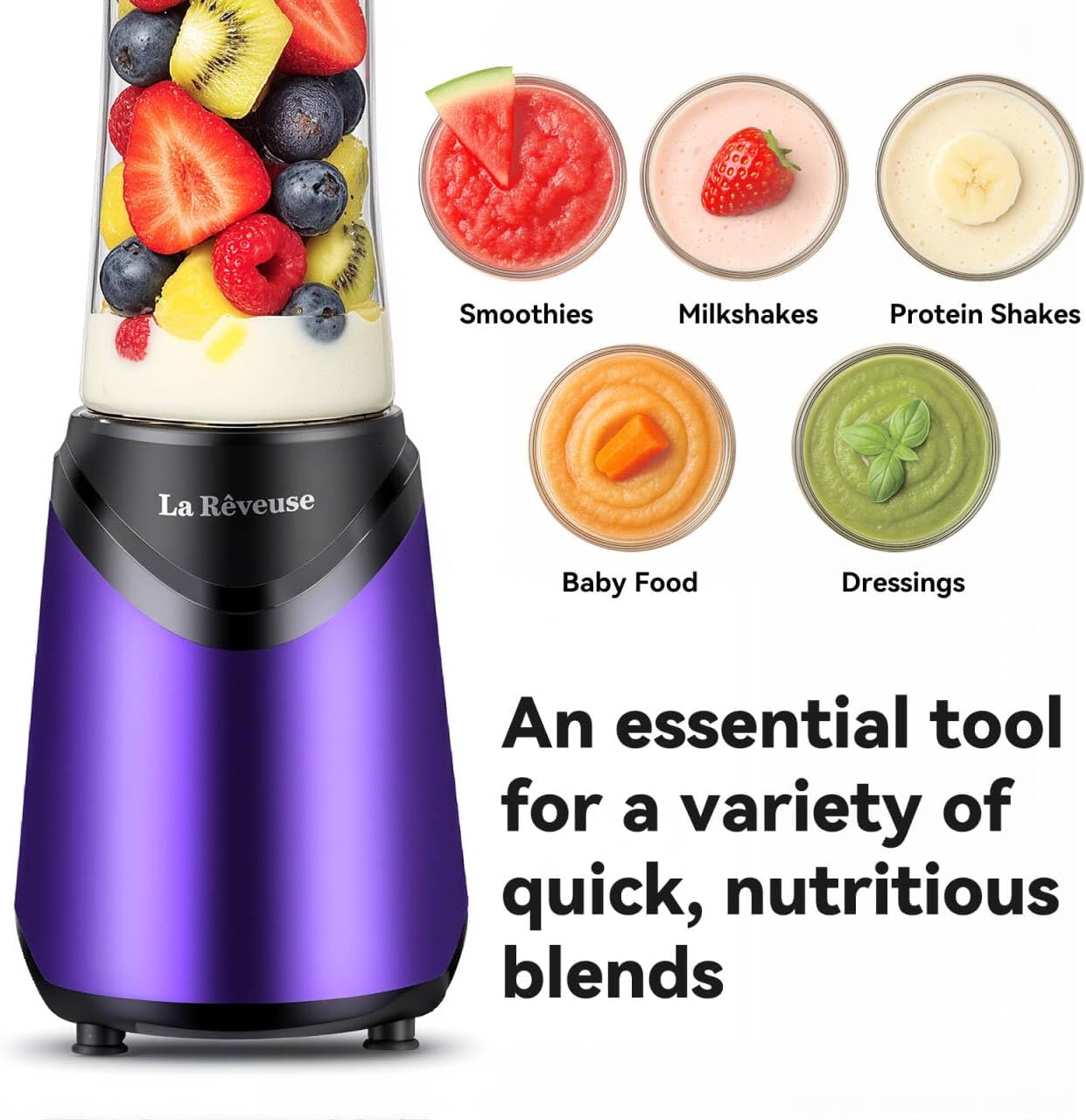 La Reveuse Smoothie Blender Personal Size 300 Watts with 2 Pieces 18 oz BPA-free Travel Sports Bottles,Purple