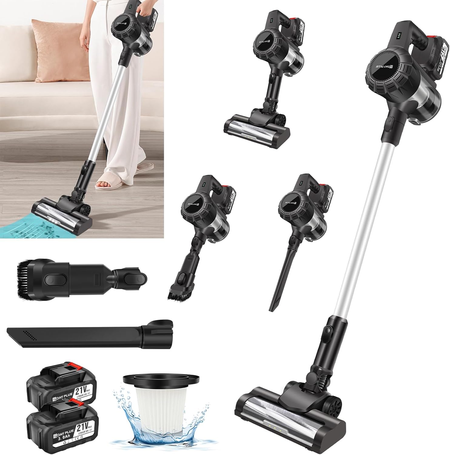 Cordless Vacuum Cleaner, 15Kpa 45 Mins Runtime Self-Standing Vacuum Cleaners for Home, 6-in-1 Lightweight Stick Vacuum with 6000mAh Removable Battery, Handheld Stick Vacuum for Pet Hair/Carpet/Floor