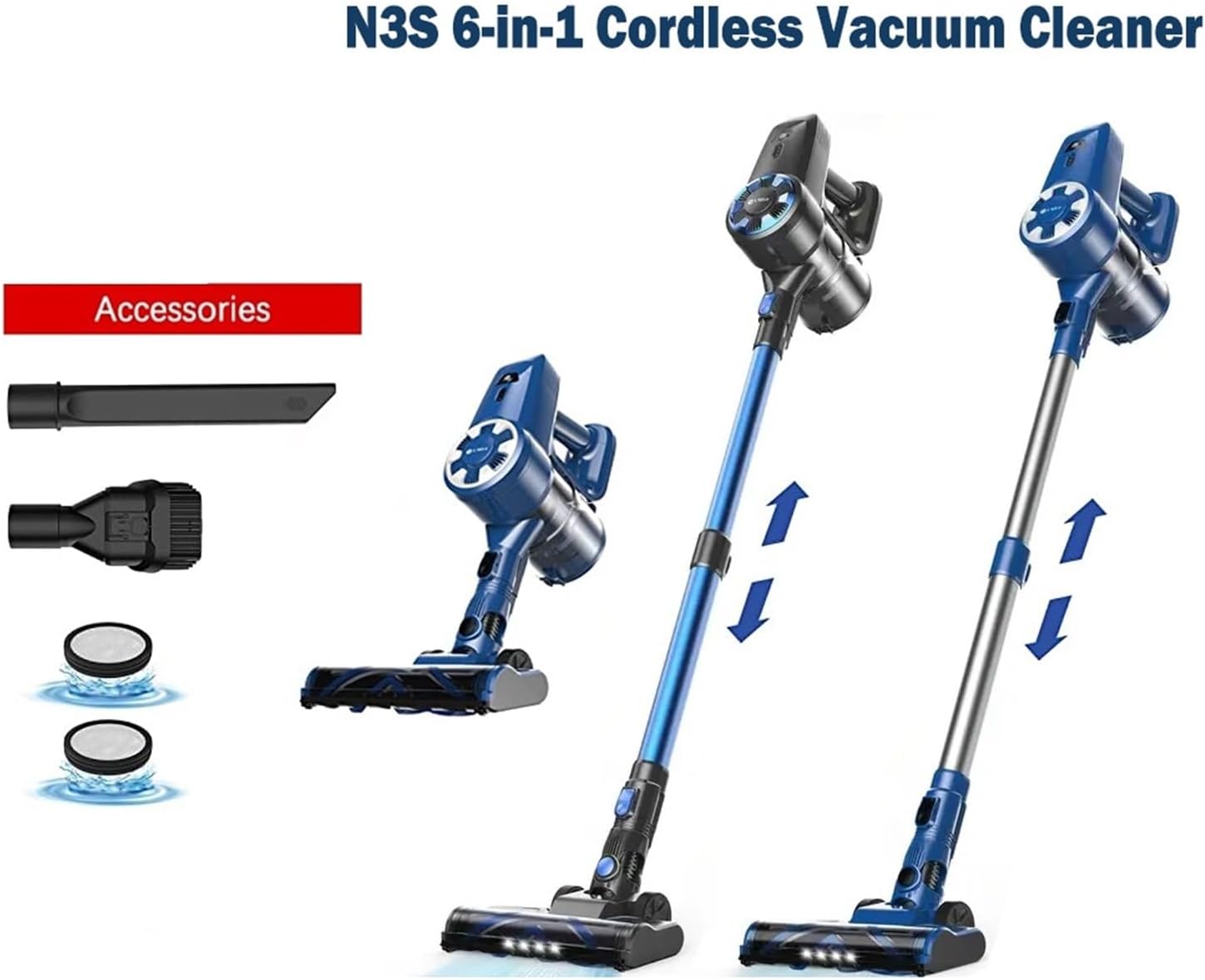 UMLo N3S Cordless Vacuum Cleaner, Ultra-Lightweight Stick Vacuum, 40Min Runtime 2200mAh Battery, 6-in-1 For Hardwood Floor Carpet Pet Hair Car Cleaning(Blue black)