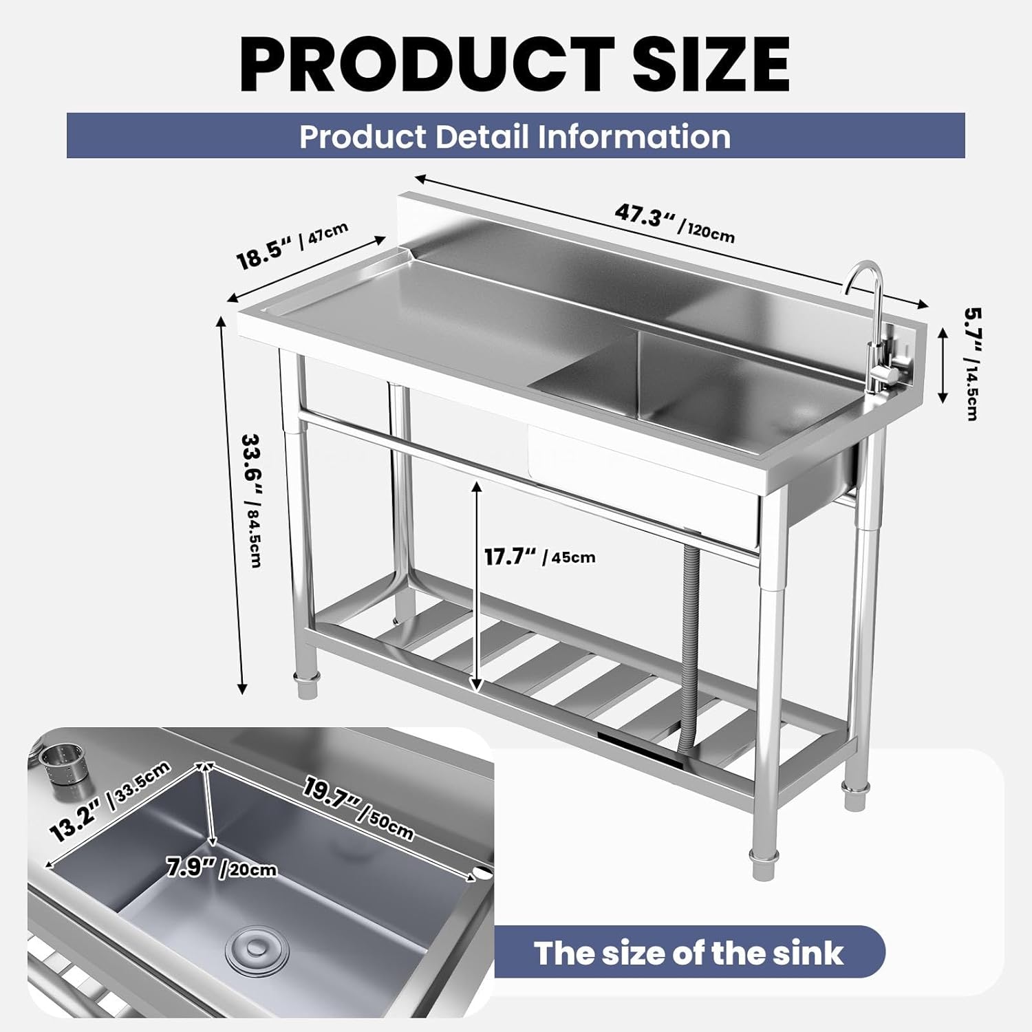 47.2'' Free-Standing Single Bowl Sink, Stainless Steel Kitchen Appliances Sink with Workbench, Cold/Hot Water Pipe for Farmhouse, Laundry & Commercial Use (Single Bowl)