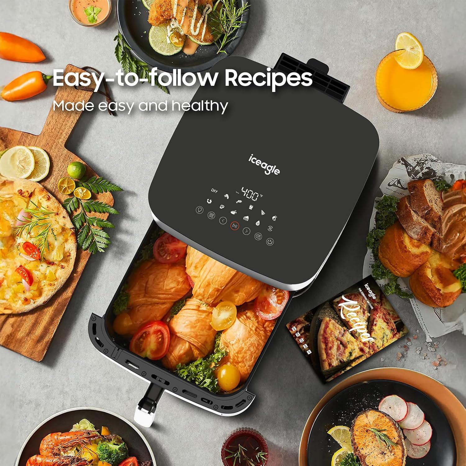 Iceagle Stainless Steel Air Fryer 9 Quart - Airfryer XXL with Large Viewing Window, Dual Heating Elements, 12-in-1 Function to Roast, Bake, Broil, Defrost, Reheat, Dishwasher-Safe Parts, 1700W, Siver