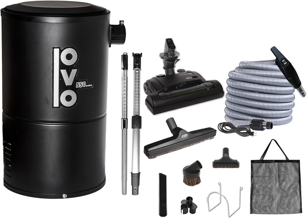 OVO Compact and Powerful Central Vacuum System, 550 Airwatts, Use with Disposable Bags ONLY, 18L or 4.75Gal + 30 ft Carpet Deluxe Accessory Kit Included