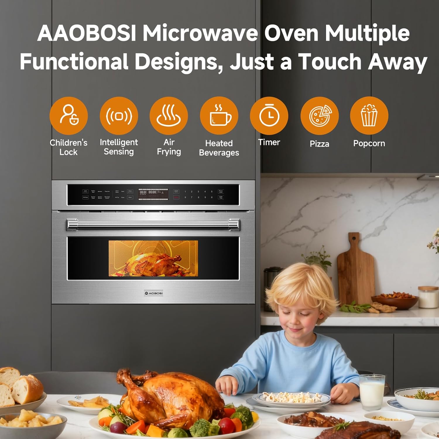 AAOBOSI 30 Inch Built in Microwave Oven,1.6 Cu.Ft Wall Microwave Convection Ovens Air Fryer Combos, 1000Watt Power Sensor&Auto Cook, 10 Cooking Modes, Drop Down Door,Stainless Steel