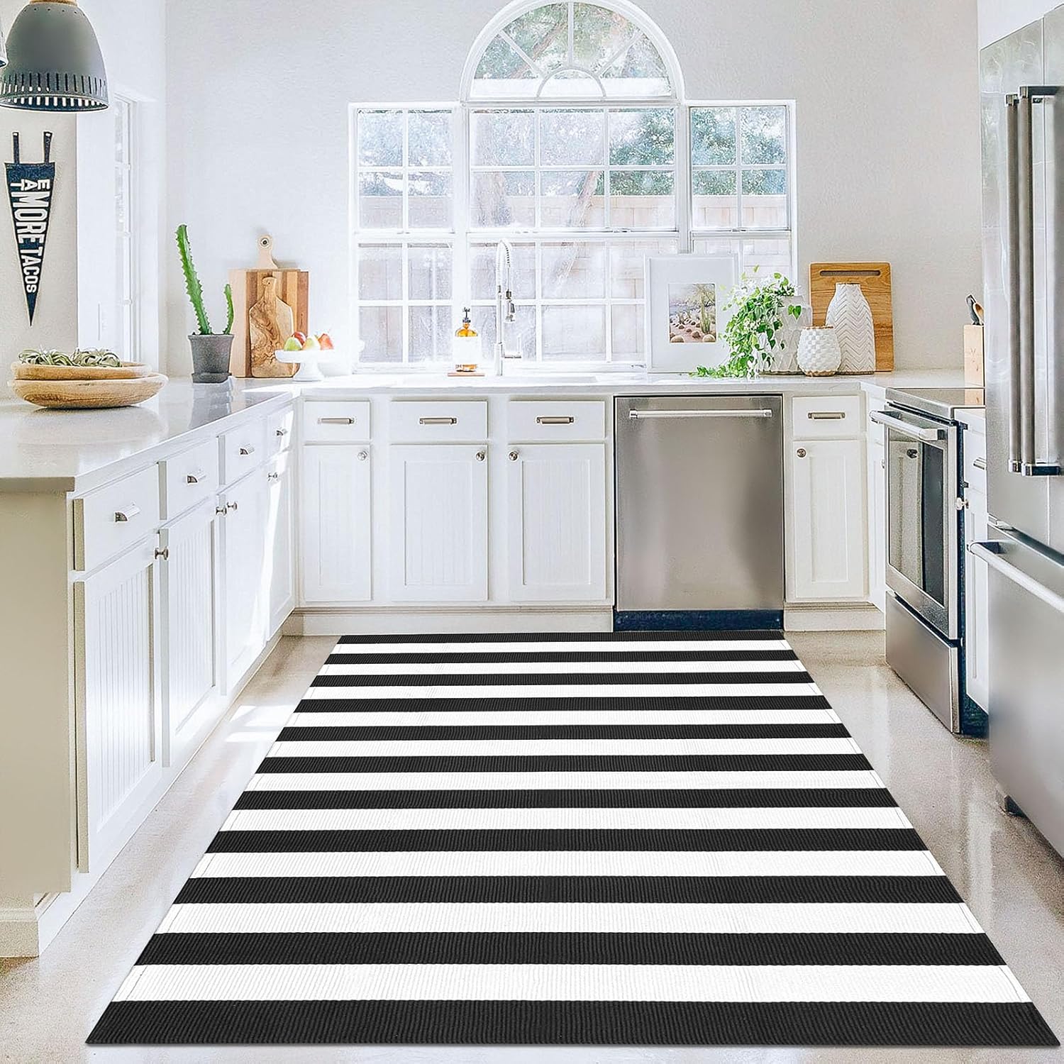 KILOCOCO Black White Striped Rug 5x7 Area Rugs for Living Room Cotton Machine Washable Front Porch Layered Rugs for Patio Farmhouse Bedroom Kitchen Laundry Room