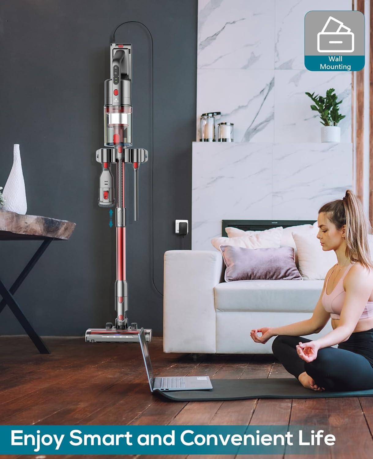 Ljuren Cordless Vacuum Cleaner, Modern Stick Vacuum with 35 Mins Detachable Battery, 1200ML Dust Cup, 2 Adjustable Suction Modes (Peach Red)