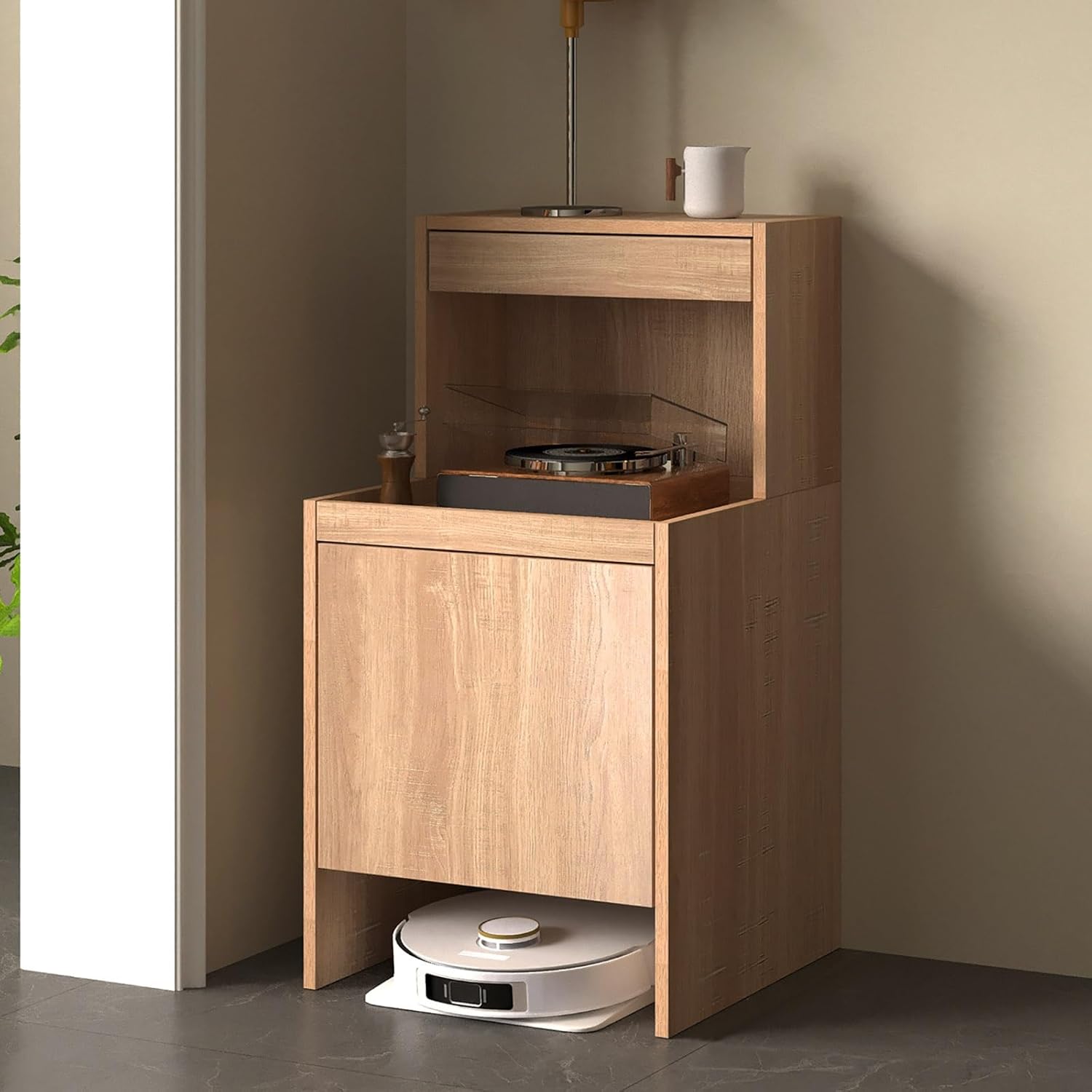 Wood Robot Vacuum Cabinet 39.4″ H Hidden End Side Table with Adjustable Shelf Multi-functional Storage Cabinet with Door for Robot Vacuum Cleaner Easy to Change Water for Living Room Bedroom(Natural)