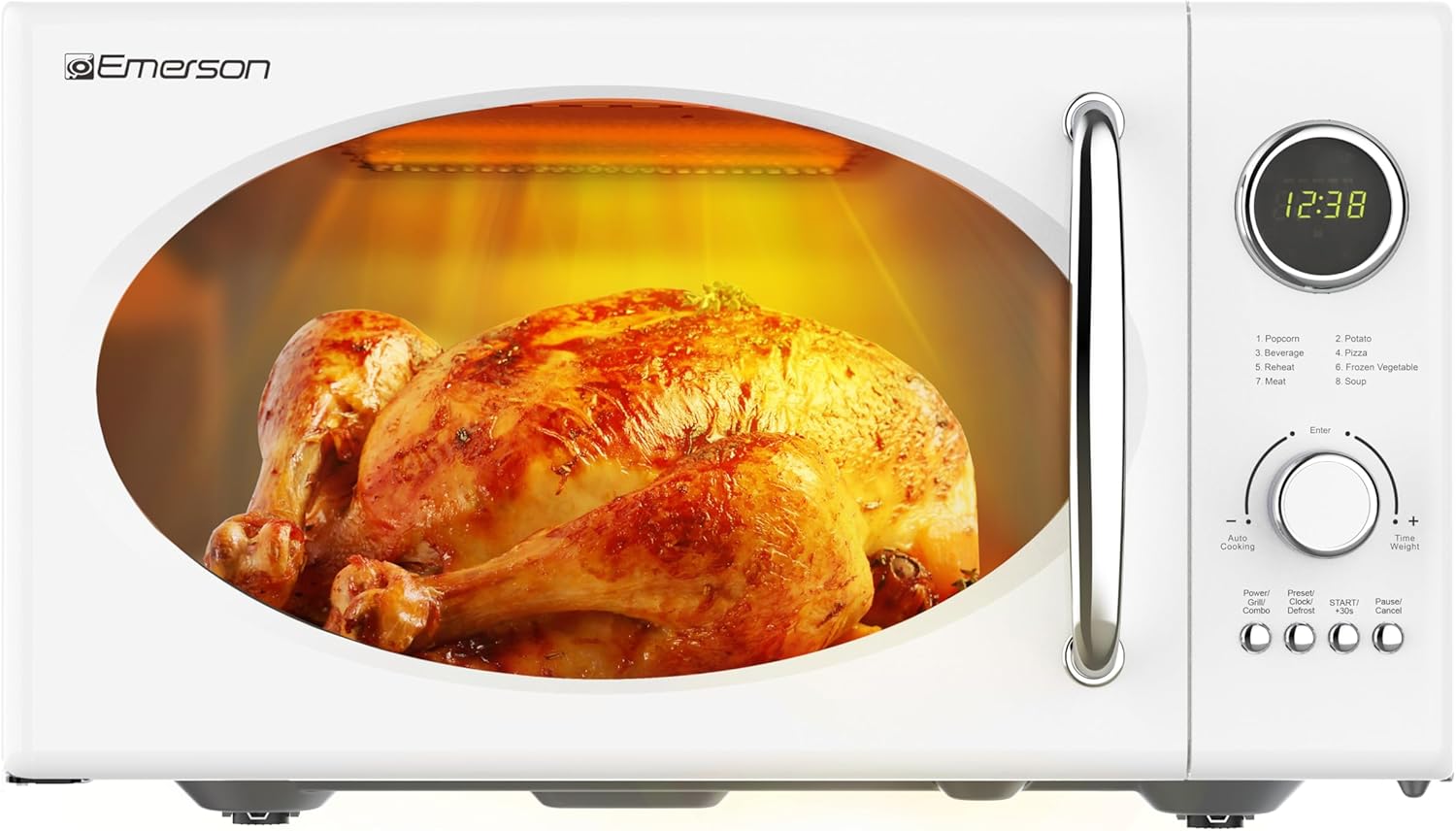 Emerson MWRG0901W 0.9 Cu. Ft. Retro Microwave with 1,000W Grill Function, 800W Cooking Power, LED Display, 5 Power Levels, 8 Auto Menus, Glass Turntable, Child Lock, White Countertop Design