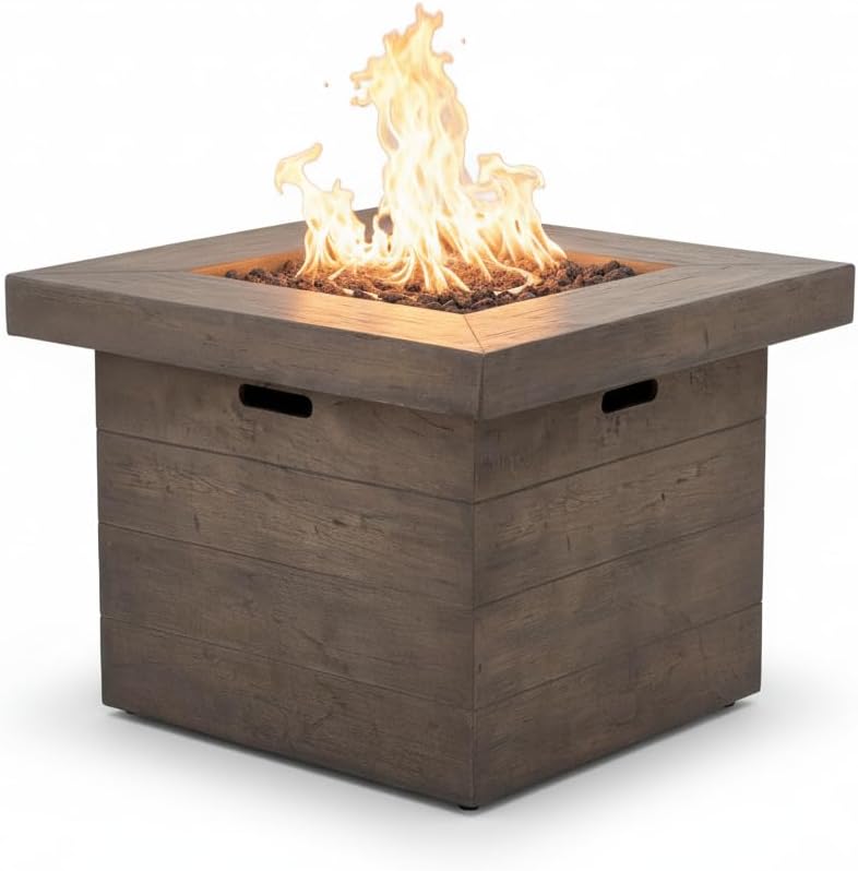 32 Inch Square Propane Fire Pit Table, Wood Pattern Design for Patio Backyard Garden, 40,000 BTU Outdoor MGO Fire Pit in Grey, Gas Fire Pits for Outside Use, Only Table (Not Included Cover & Propane)