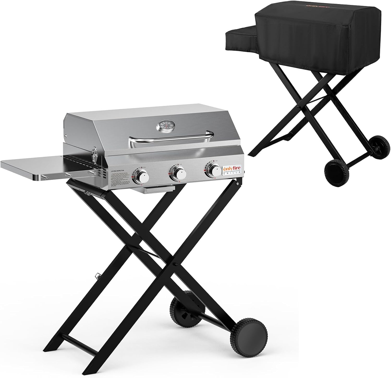 Onlyfire BBQ Gas Grill 3 Burners and Grill Cover Bundle, Propane Gas Stove with Cart and Side Table, GS308 & CV701