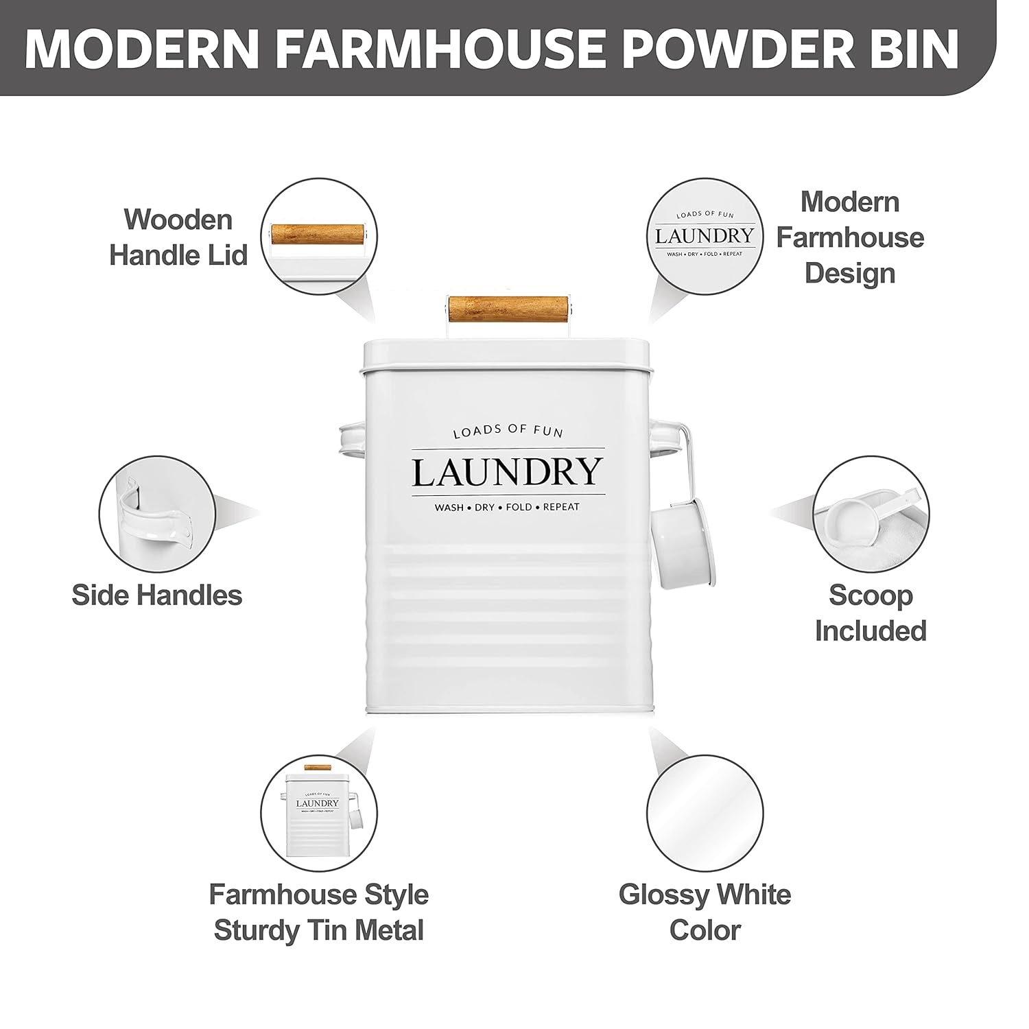 Calindiana Modern Farmhouse Laundry Storage Bin, Dryer Sheets Holder & Powder Pods Container Bundle, White, Tin & Wood, 7.3L, Indoor, Laundry Room Organization