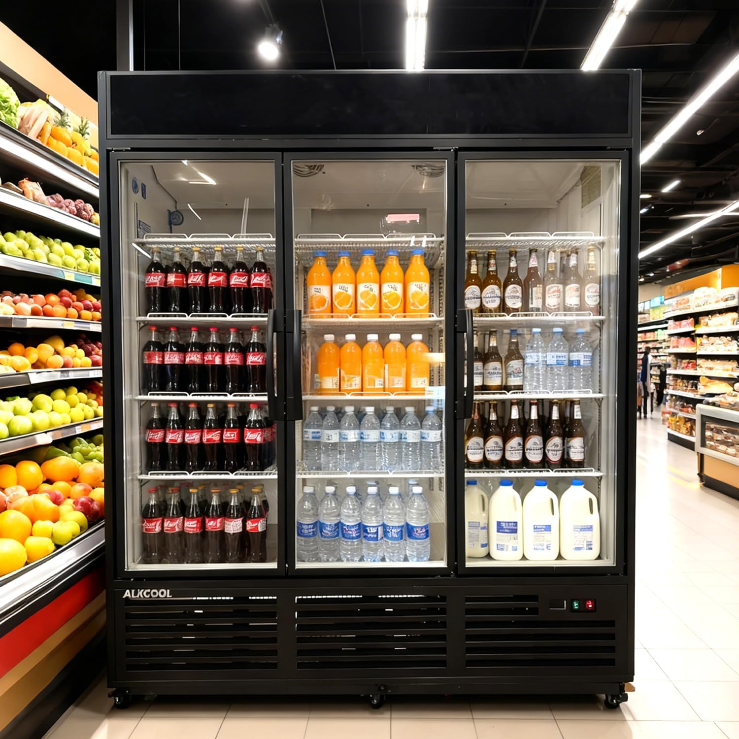 71” Wide Commercial Beverage Refrigerator Display Fridge, Stainless Steel Merchandiser Three Glass Door Drink Cooler With LED Light Adjustable Shelves,ETL Sanitation,65 Cu Ft,BALCK (Wheels Included)