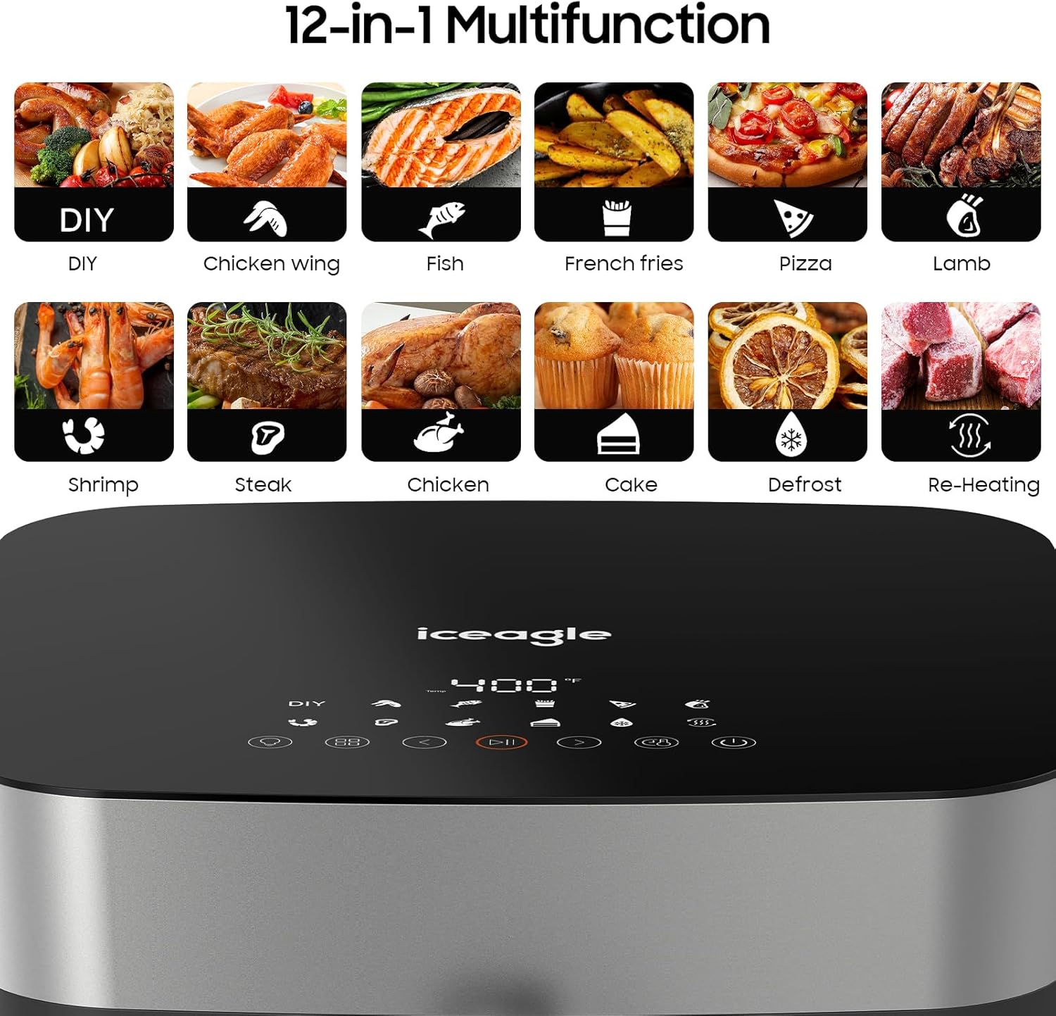 Iceagle Stainless Steel Air Fryer 9 Quart - Airfryer XXL with Large Viewing Window, Dual Heating Elements, 12-in-1 Function to Roast, Bake, Broil, Defrost, Reheat, Dishwasher-Safe Parts, 1700W, Siver