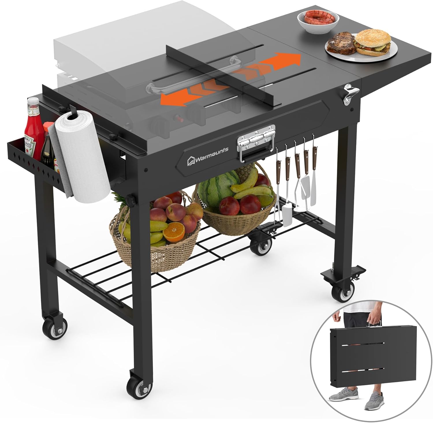 WARMOUNTS Foldable Grill Cart Outdoor with Wheels, Portable Outdoor Grill Table with Storage, Movable Stand Fits 17''/22'' Tabletop Grill, 400 Lbs Weight, for Camping, BBQ