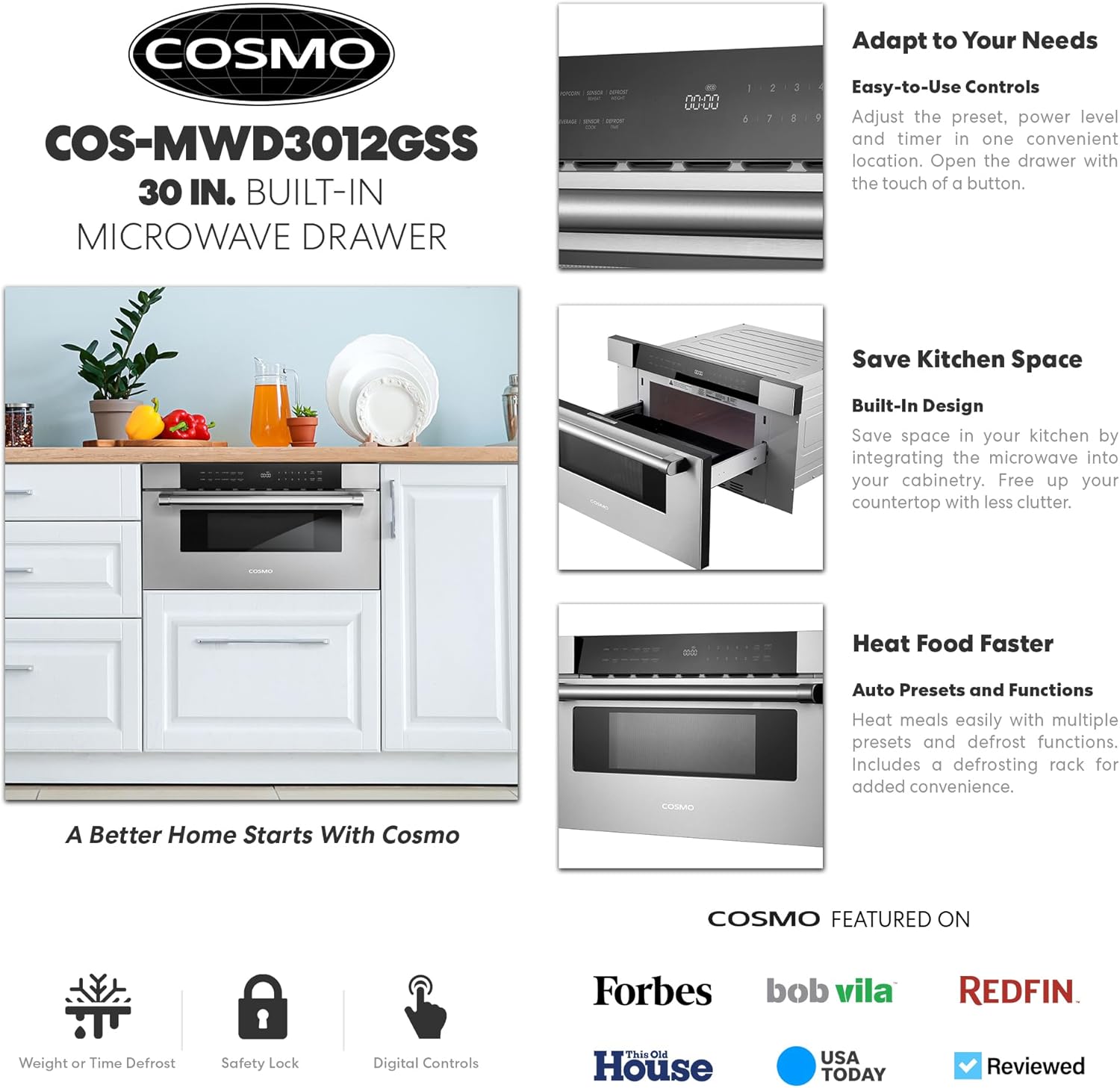 COSMO COS-MWD3012GSS 30 in. Haven Collection 1.2 cu. ft. Built-in Microwave Drawer, Presets, Touch Controls, Defrosting Rack, Stainless Steel