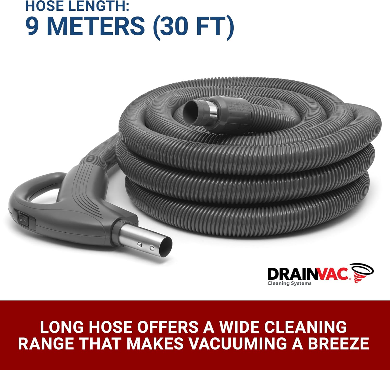 Drainvac Central Vacuum System Kit – Premium Central Vacuum Set with 30-ft Hose, Adjustable Wand, Floor Brush, Upholstery Tools, Mesh Storage Bag, and More – Fits Most Systems