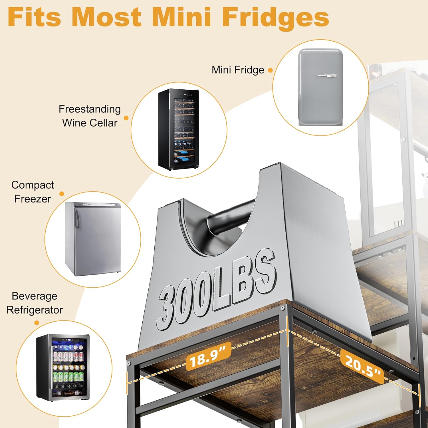 Mini Fridge with Microwave Stand, Coffee Bar Station with Storage, Bakers Rack with Power Outlet, Movable Basket, Adjustable Oven Shelf, Small Refrigerator Organizer for Dorm, Kitchen, Office