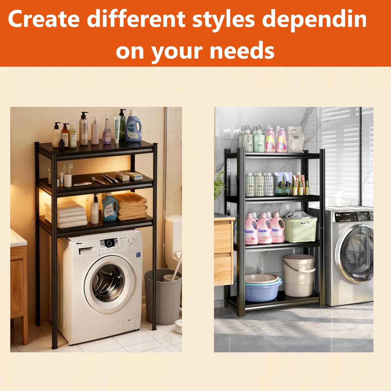 Height-Adjustable Bathroom & Laundry Storage Shelf, 3-Tier Metal Organizer Rack for Washer Dryer, Sturdy Shelving Unit for Bathroom Essentials, 63 x 45.3 x 19.7 Inches