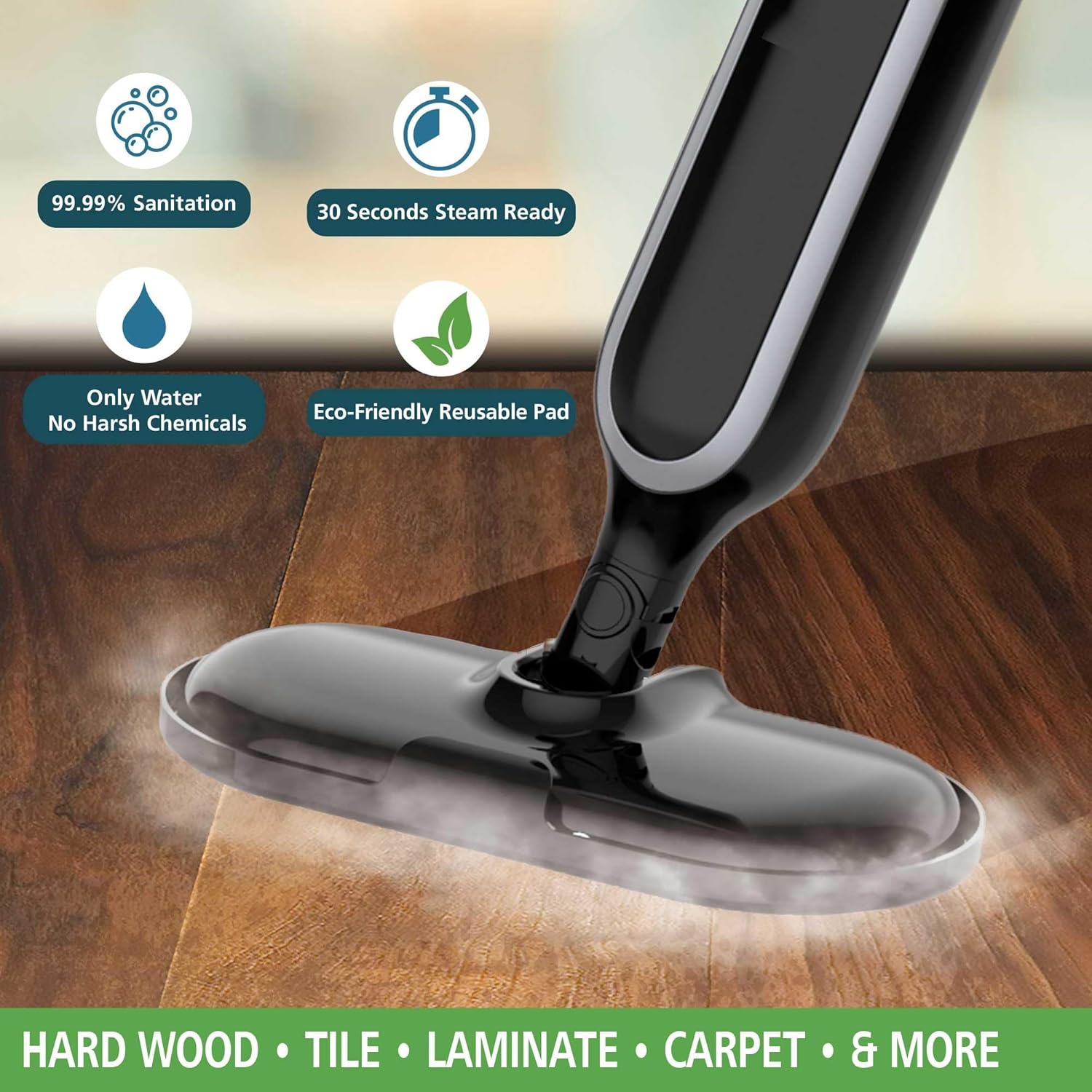 1100W Steam Mop for Hardwood, Tile & Carpet – Lightweight Floor Steamer with 850ml Water Tank, Swivel Head, Reusable Pad, Carpet Glider, Blue & Black (Black)