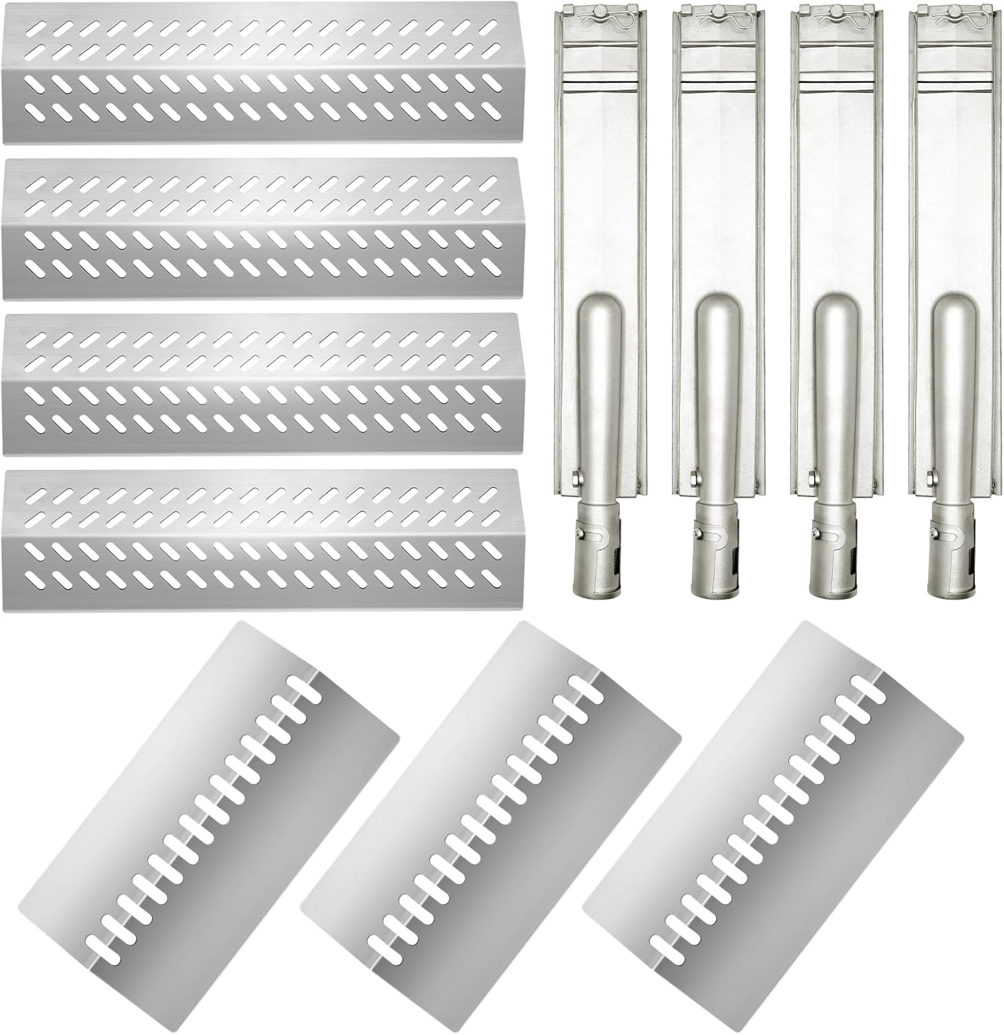 4 PCS 16631 and 3 Pcs 16520 Heat Plate with 4 Pcs Heavy Duty Burner Replacement for Bull Flame Tamer Replacement Parts,for Bull 4 Burner Grill 26038 26039 47629 69008 16561 Bull Angus