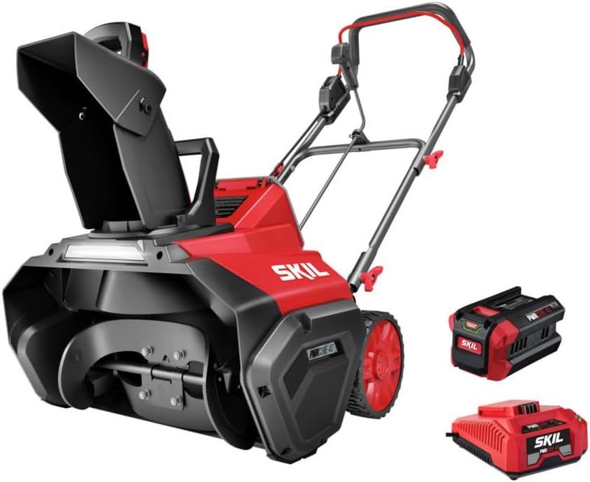 SKIL PWR CORE 40 Brushless 40V 20 in. Single Stage Snow Blower Kit, 30'ft Throwing Distance, Includes 6.0Ah Battery and Charger- SB2001C-10 red