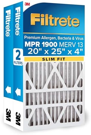 Filtrete 20x25x4 (SlimFit) AC Furnace Air Filter, MERV 13, MPR 1900, Premium Allergen, Bacteria & Virus, Electrostatic Air Cleaning Filter, 2-Pack (Actual Size 19.5x24.5x3.75 in)
