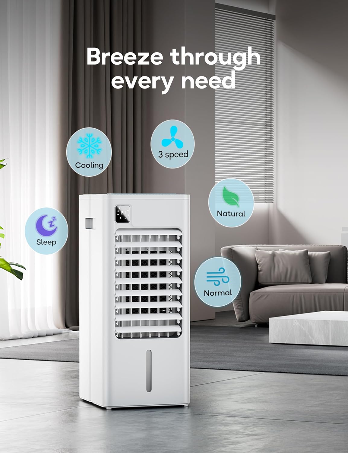 Portable Air Conditioner, Evaporative Air Cooler Windowless with Remote, 3 Speeds, 12H Timer, Oscillating Swamp Cooler for Bedroom, Living Room, White