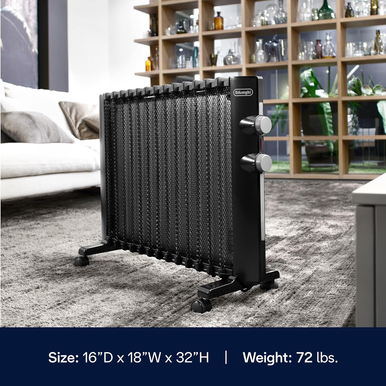 DeLonghi Mica Panel Space Heater, 1500W quiet electric space heater for indoor use, adjustable thermostat, freestanding/ easy wall mount, full room heating with built-in safety features, HMP1500 Black