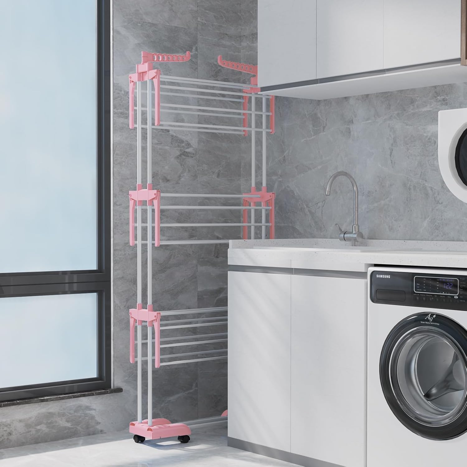 Bigzzia Clothes Drying Rack, Folding Stainless Steel Clothes Horses Rack Indoor Outdoor, 4 Tier Laundry Drying Rack with Two Side Wings (Light Blue, 4 Tie (Bottom fold))