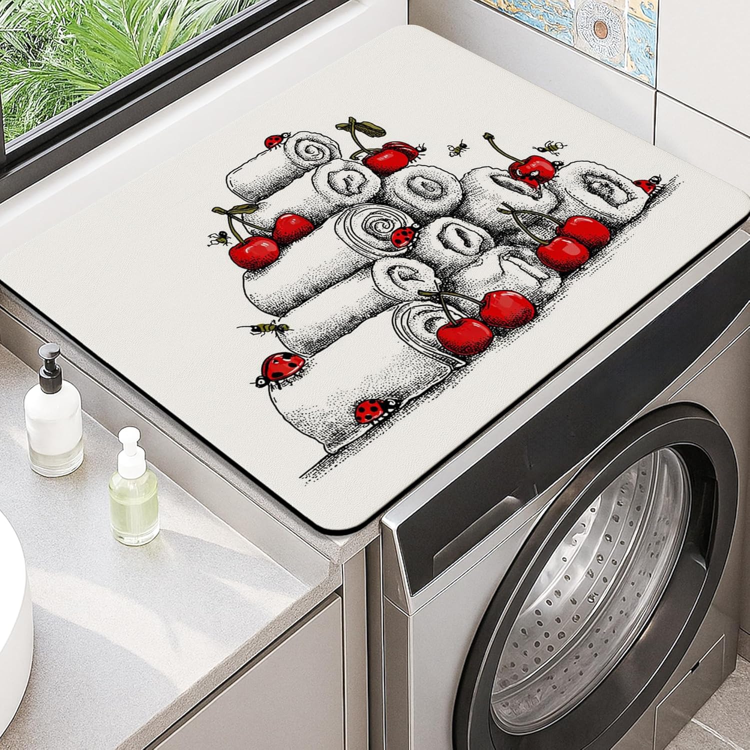 Cherries Print Washer Dryer Top Protector Mat, Vintage Floral Cherries Blossom Laundry Machine Covers, Spring Waterproof Rubber Anti-slip Washer And Dryer Mats for Laundry Room 20x24 Inch