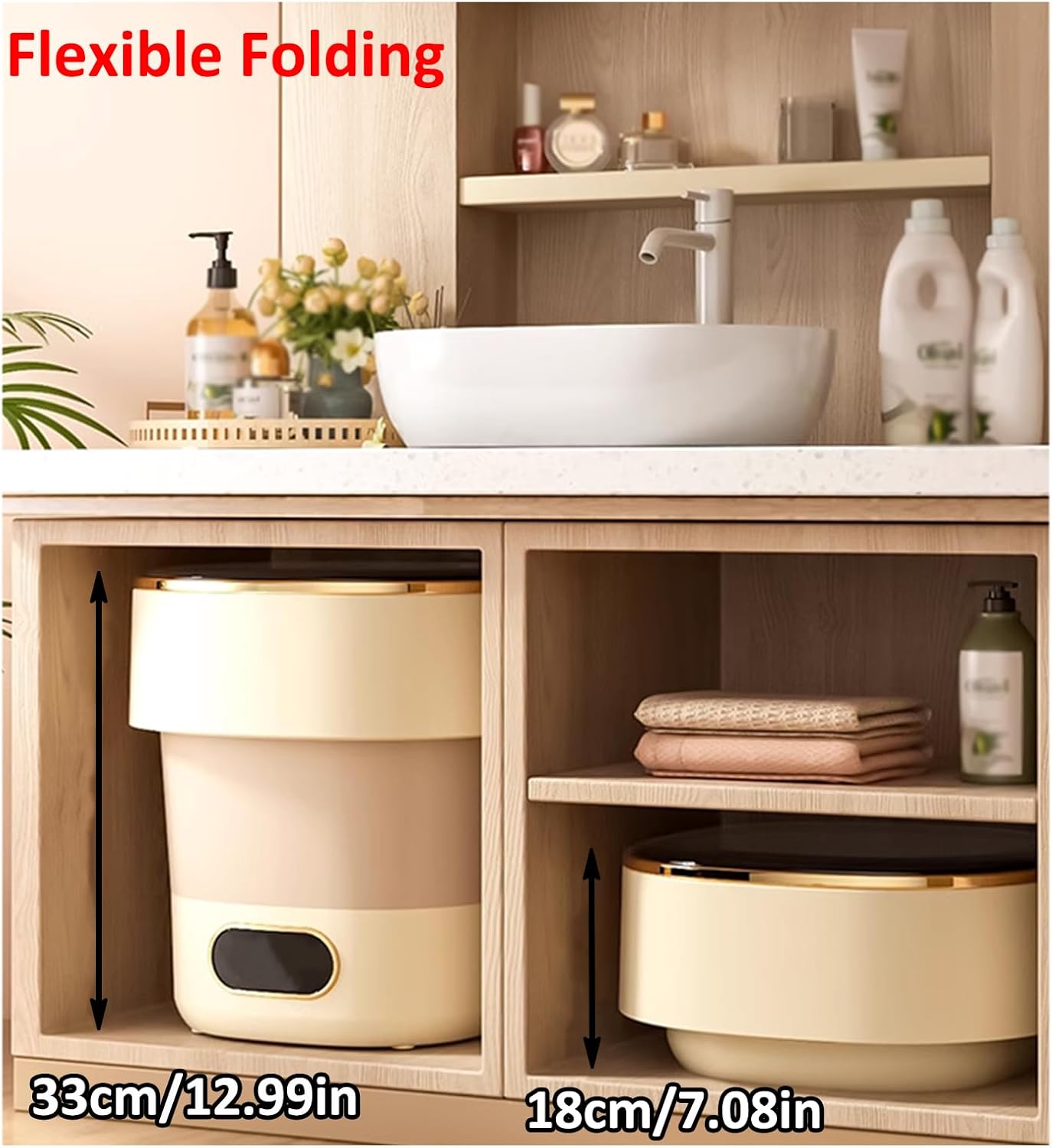 Mini Laundry Machine 12L Large Capacity For Efficient Cleaning With Spin Basket, Foldable Camping Washing Machine Apartments, Dorm,RV, Travel(Size:12.59 * 12.28 * 12.99in,Color:Khaki)