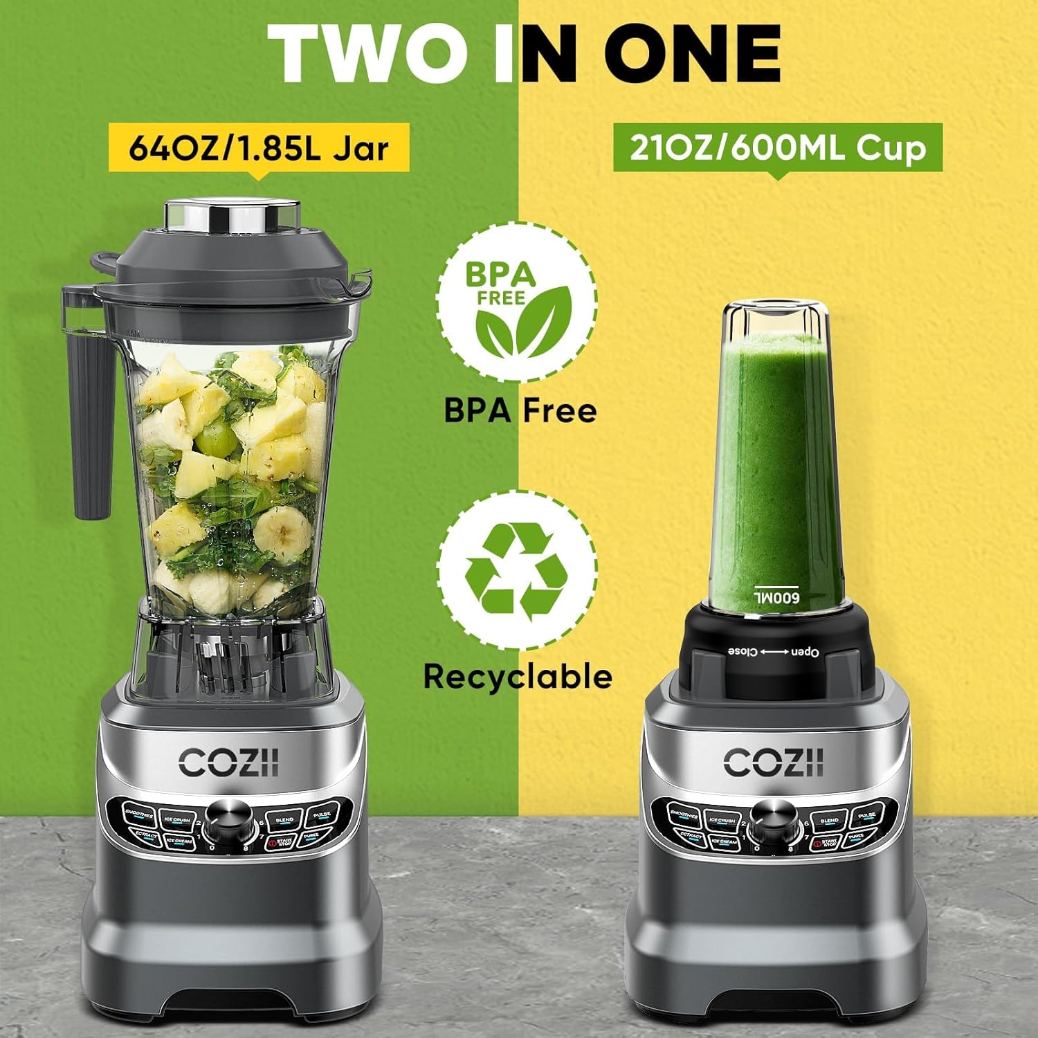 COZII Commercial Blender 2000 Peak Watt, Countertop Blenders for Kitchen,64 Oz Pitcher/21-Oz To-go Cup, 7 Preset Programs for Ice Crush/Frozen Drinks/Nut Butter, High Speed, Dishwasher Safe