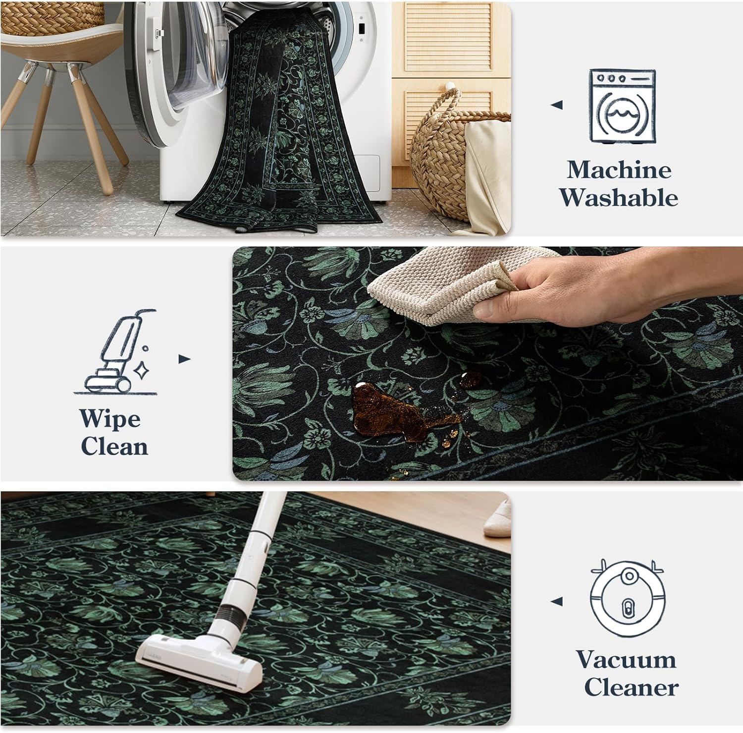 Lahome Black Kitchen Runner 2.5x8, Machine Washable Runners for Hallways, Vintage Floral Carpet Runners for Bedroom Laundry Room High Traffic (2'6