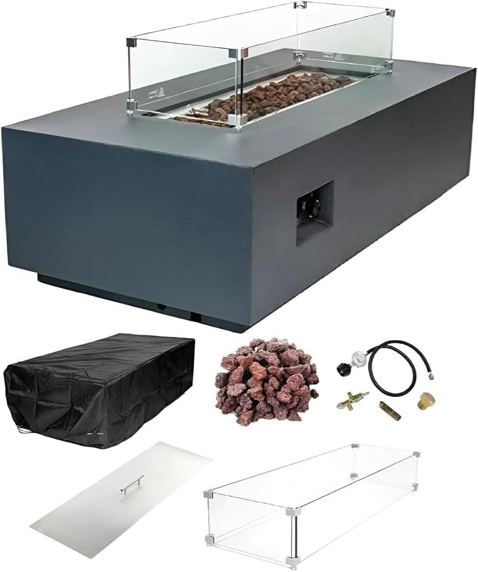 AMS Creations | Chelsea 55 inch Rectangular Wavy Dark Gray Concrete GFRC Natural Gas Fire Table Pit