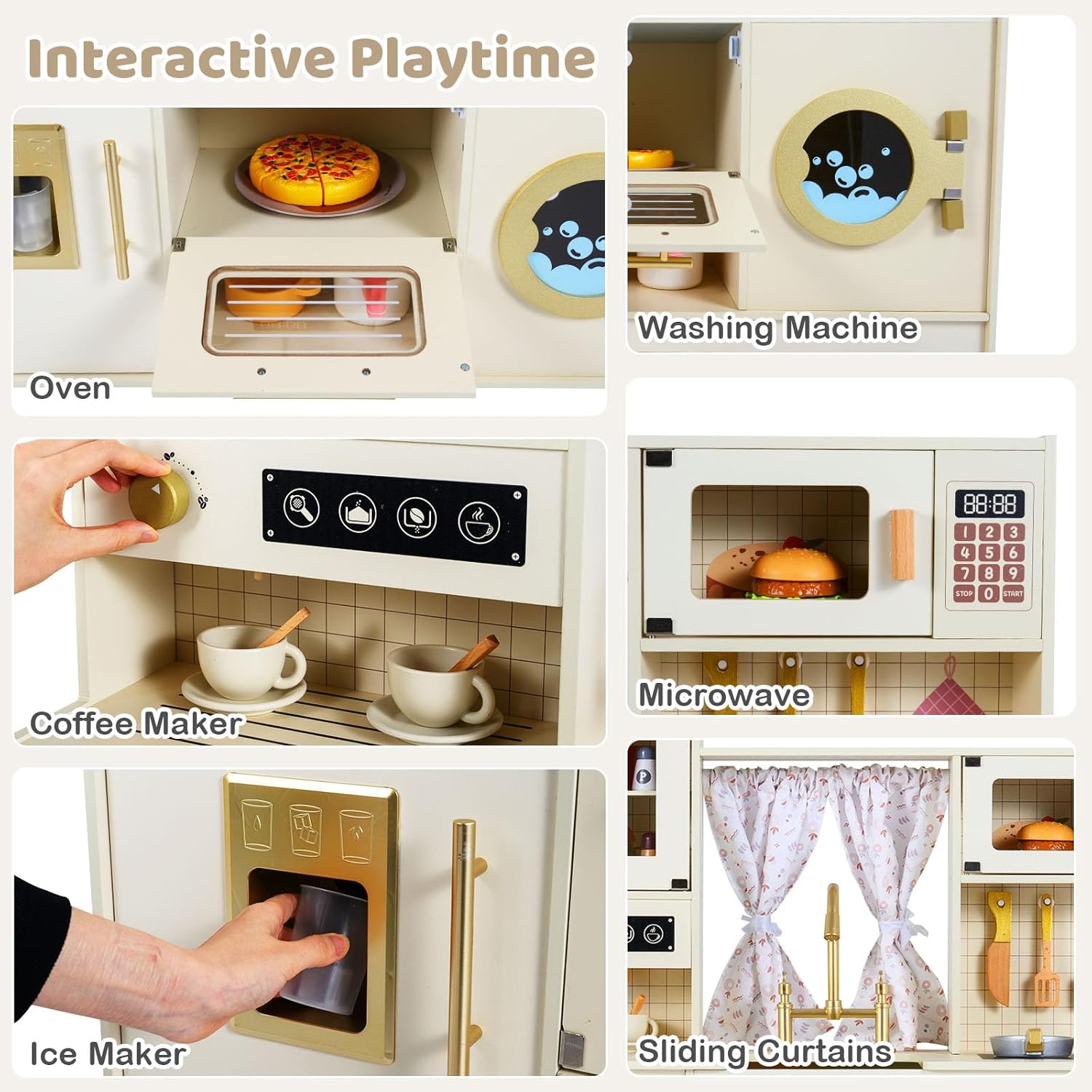 Costzon Kids Play Kitchen, Wooden Toy Kitchen Playset w/Ice Maker, Coffee Maker, Washing Machine, Curtain, Microwave & Oven, Pretend Toy Kitchen w/Storage for Boys and Girls Aged 3+