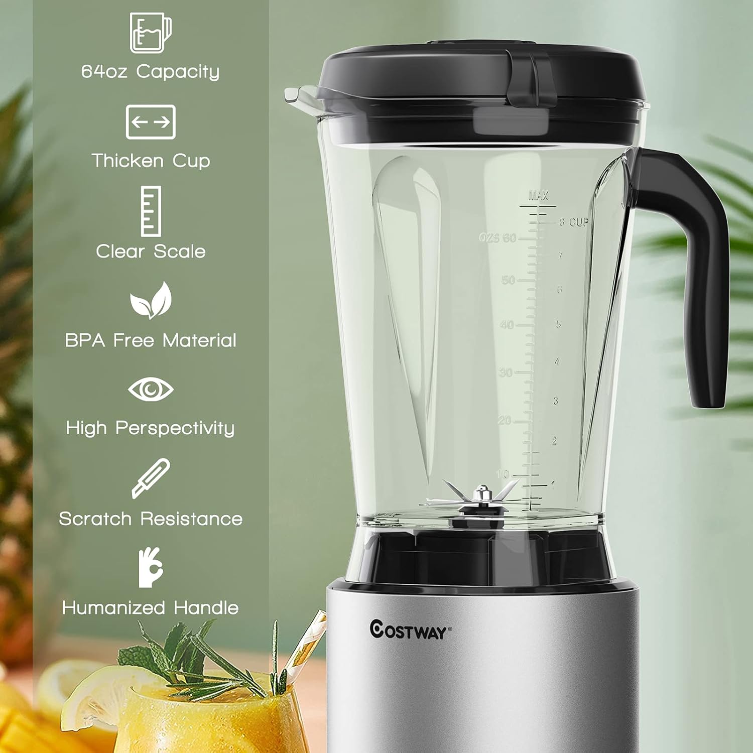 COSTWAY Professional 64oz Countertop Blender, Smoothie Maker Built-in Self-Cleaning with 10 Speed Control & 8 Pre-Set Programs, Pitcher, Crushing Blender for Smoothies, Frozen Fruit, 1500W