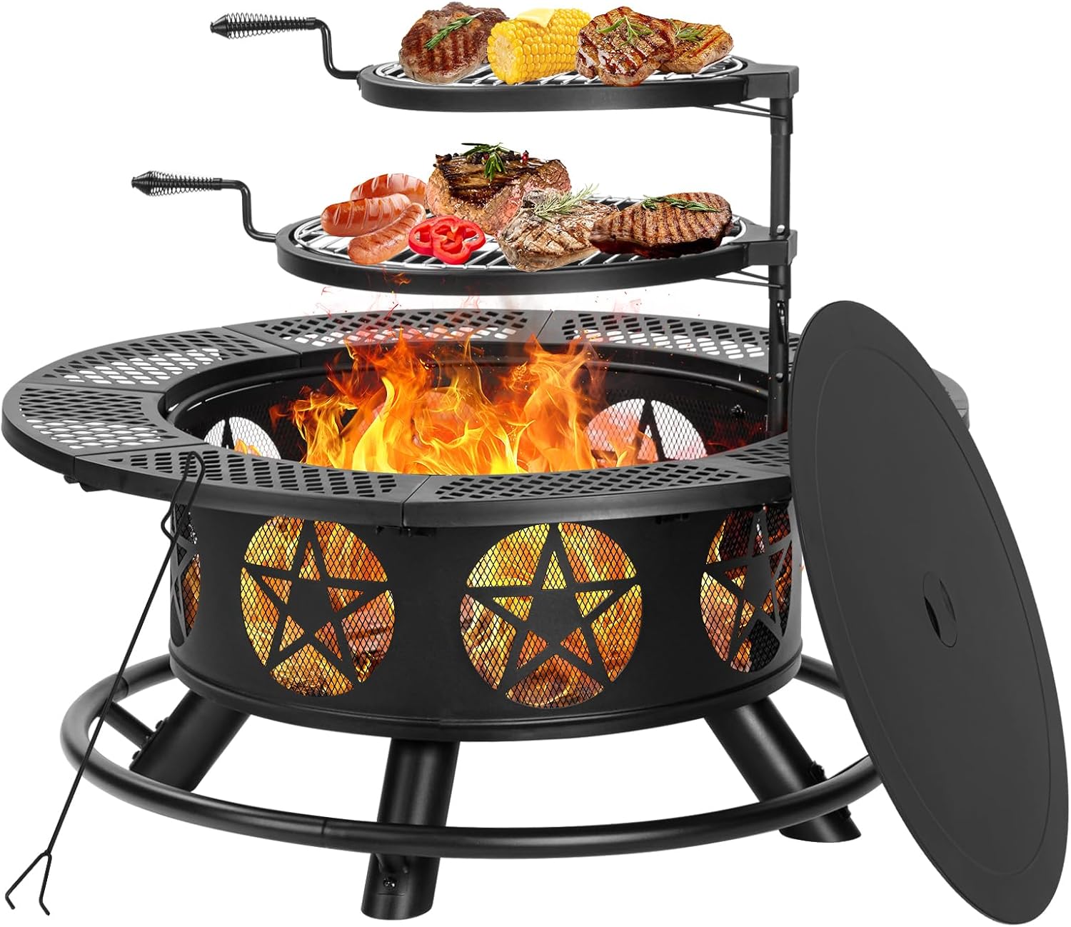 36 Inch Fire Pit with 2 Grills, Wood Burning Fire Pits for Outside with Lid & Poker, BBQ& Outdoor Firepit & Round Metal Table 3 in 1 for Patio, Picnic, Party