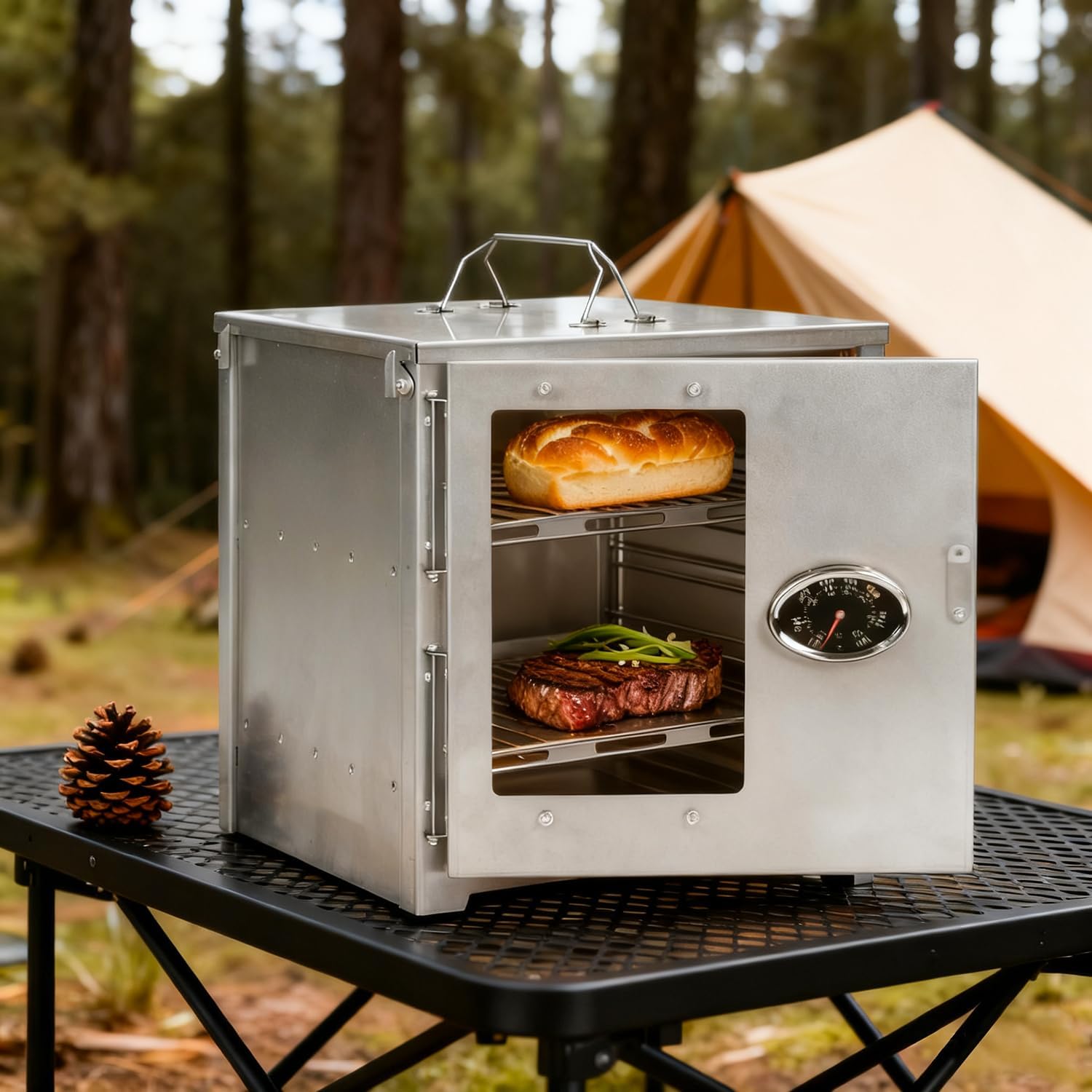 POMOLY Camping Oven 12.6''H Wood Stove Oven with 2 Tier Grill, Portable Titanium Oven with Thermometer for Baking, Heating, BBQ (Size L)